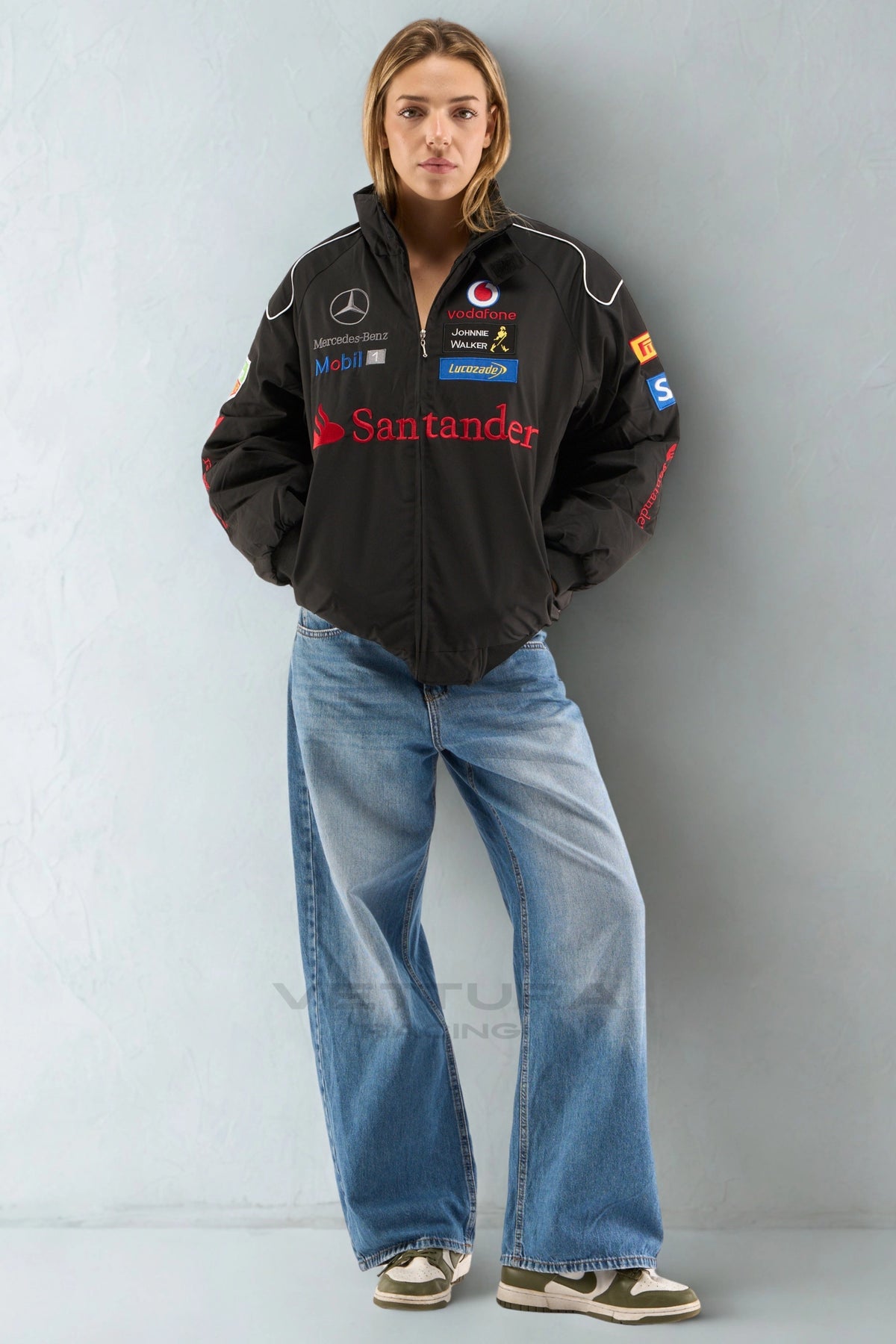 Woman wearing the black Mercedes-Benz Santander vintage F1 jacket