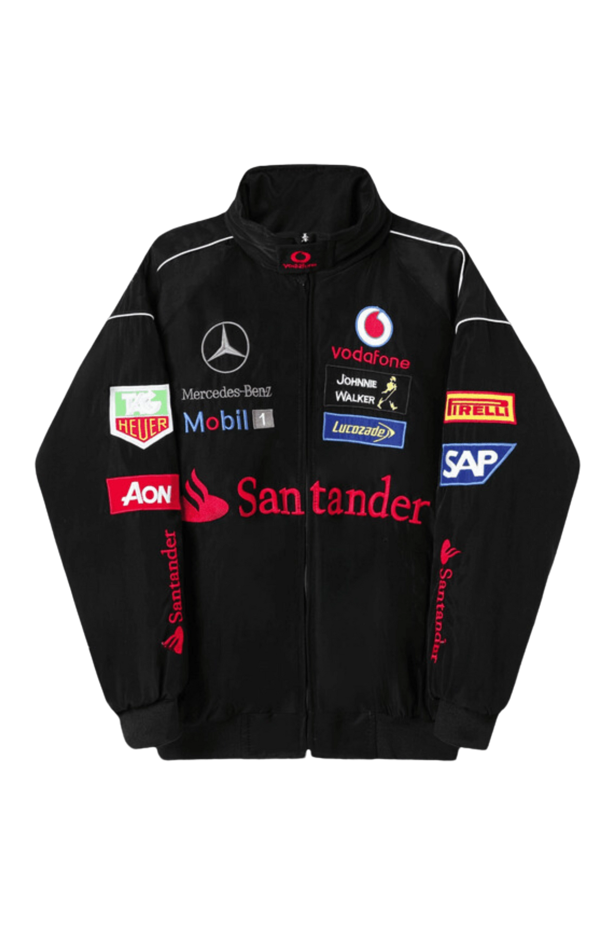 Black Mercedes-Benz Santander F1 jacket flat front view with embroidered patches