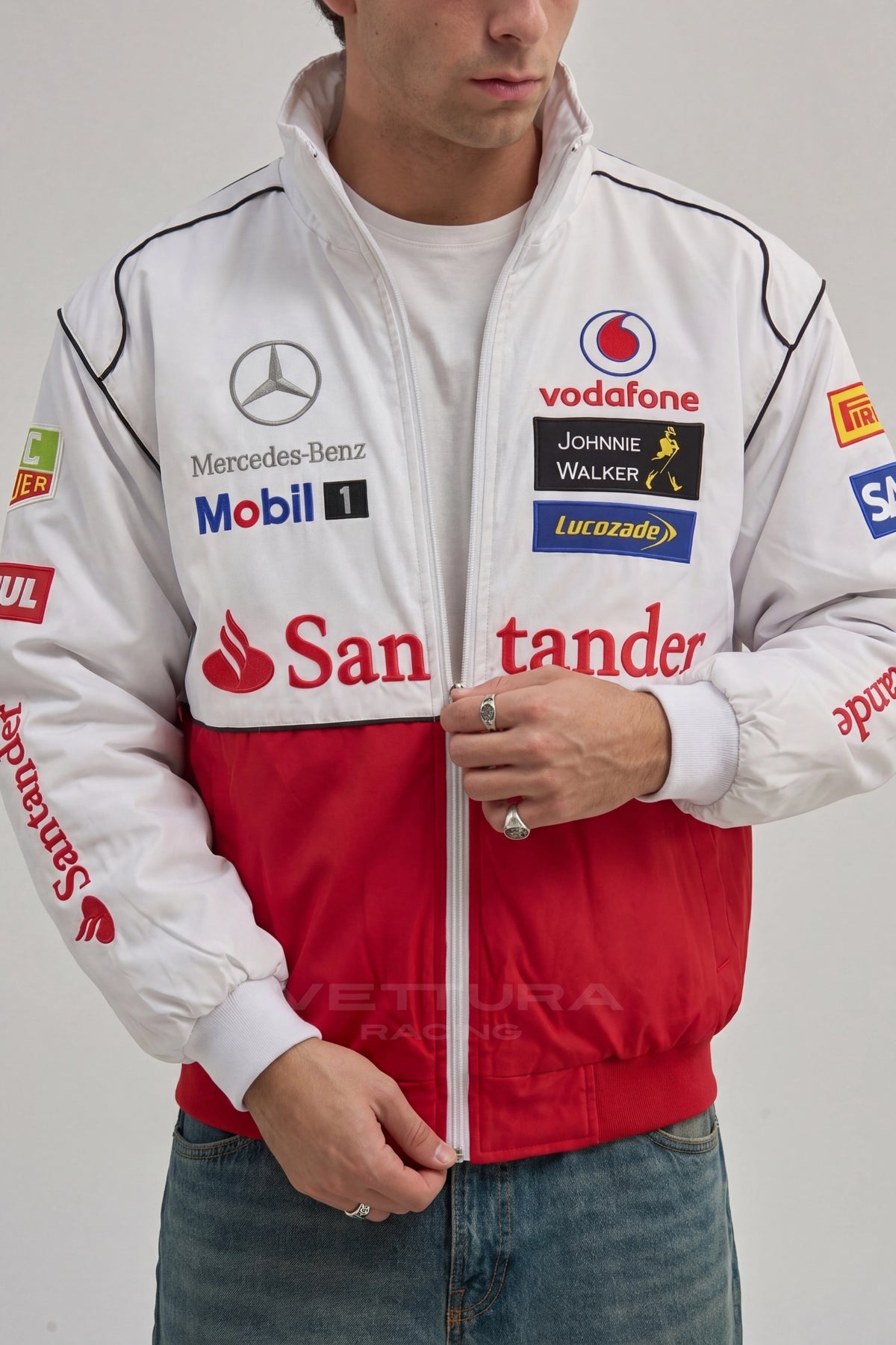 Mercedes-Benz vintage racing jacket styled with jeans in daylight