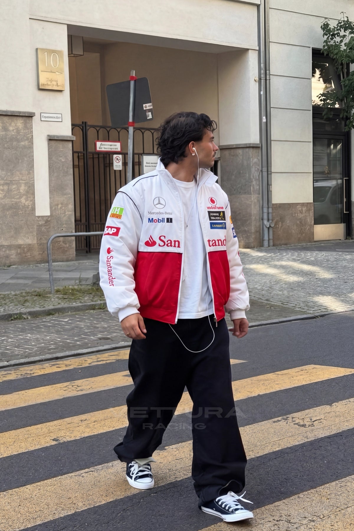 Mercedes-Benz white and red racing jacket worn on the street