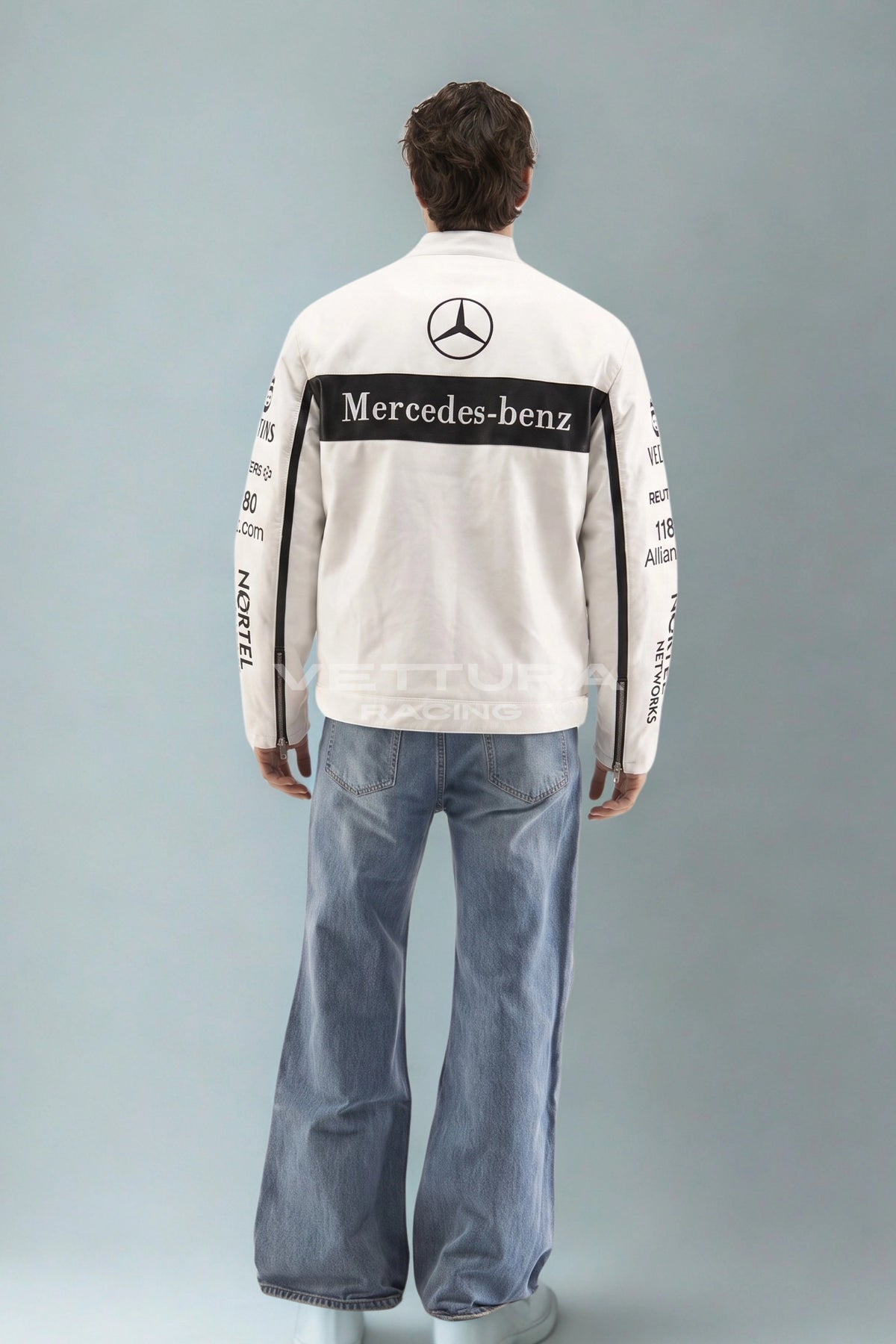 Back of the Mercedes-Benz leather jacket with the wordmark panel
