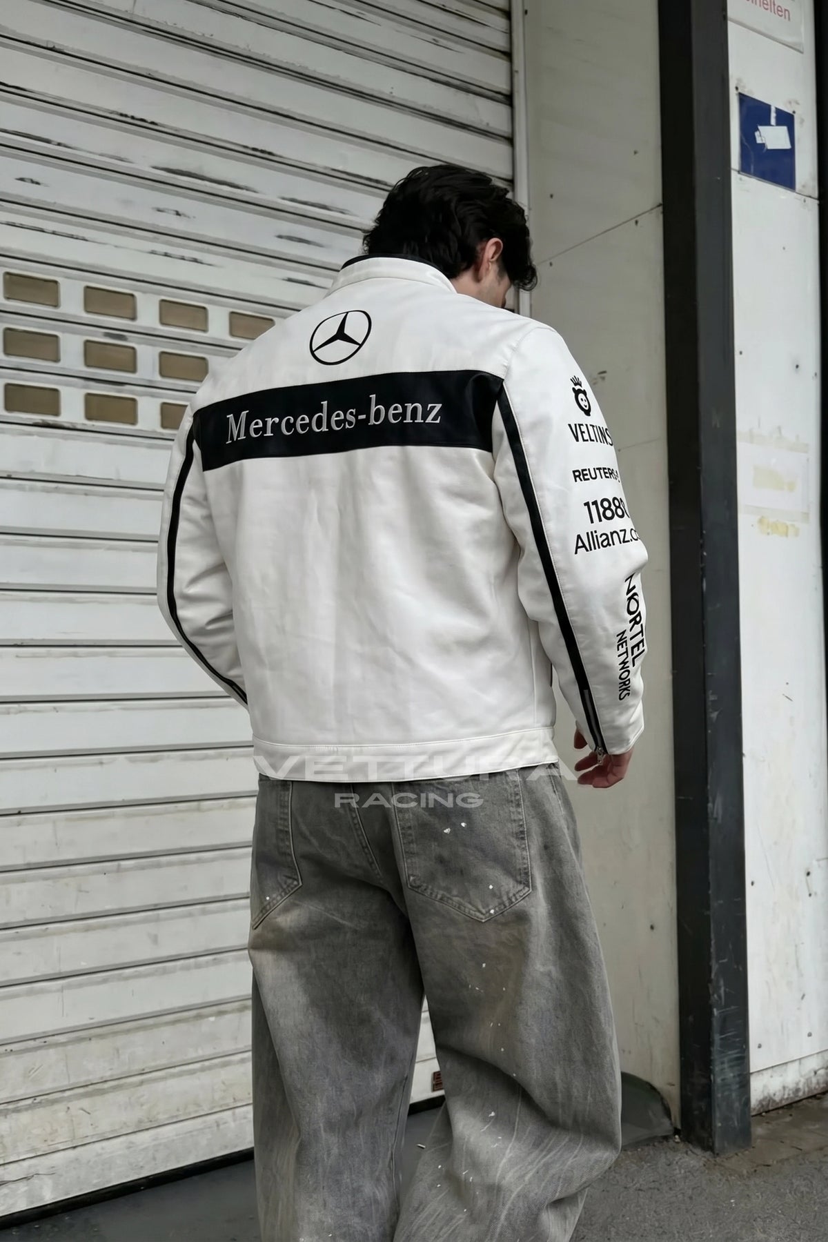 Mercedes-Benz white leather racing jacket worn on the street