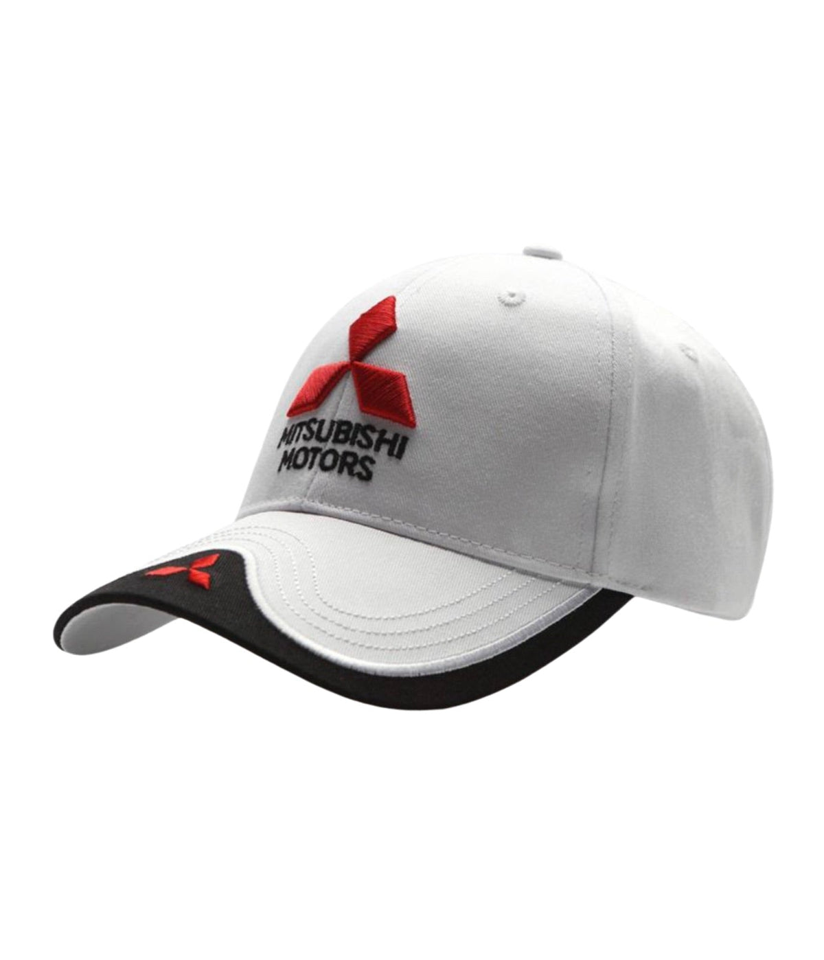 White Mitsubishi Motors cap seen at an angle, red 3D three-diamond emblem and black wave brim