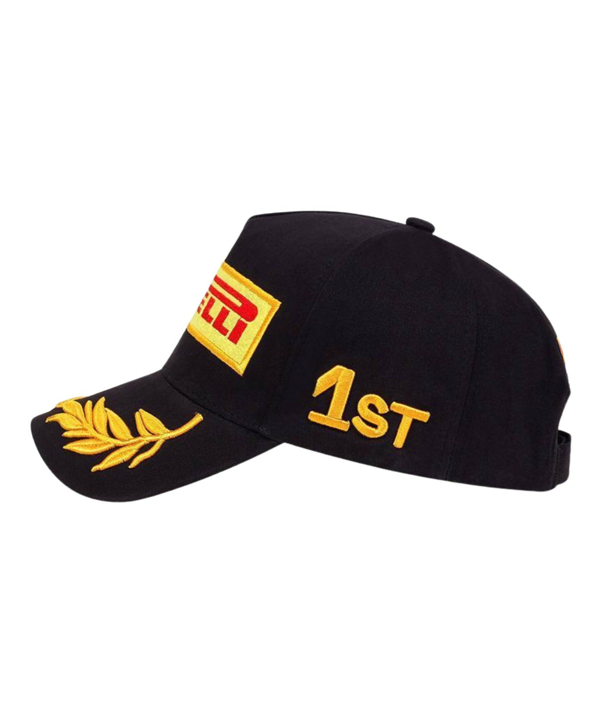 Side view of the Pirelli podium cap with the embroidered gold 1ST and laurel detail