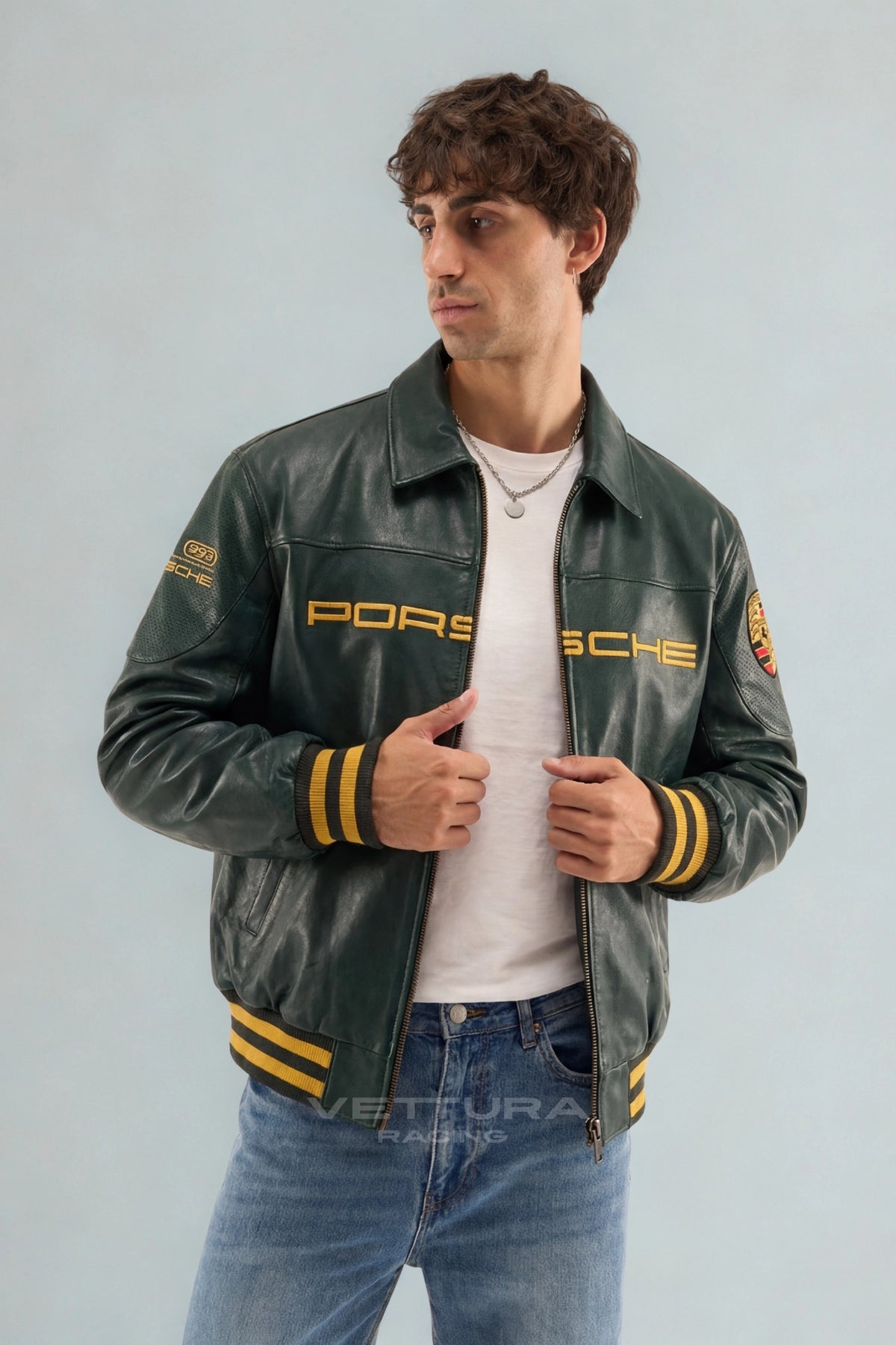 Model wearing the Porsche 993 Turbo green leather jacket, front view