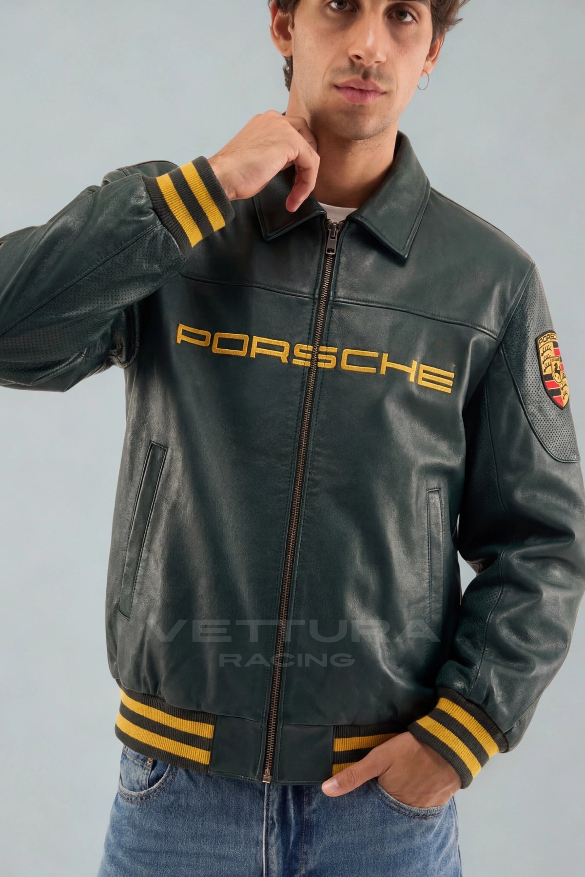 Porsche green leather jacket styled in daylight