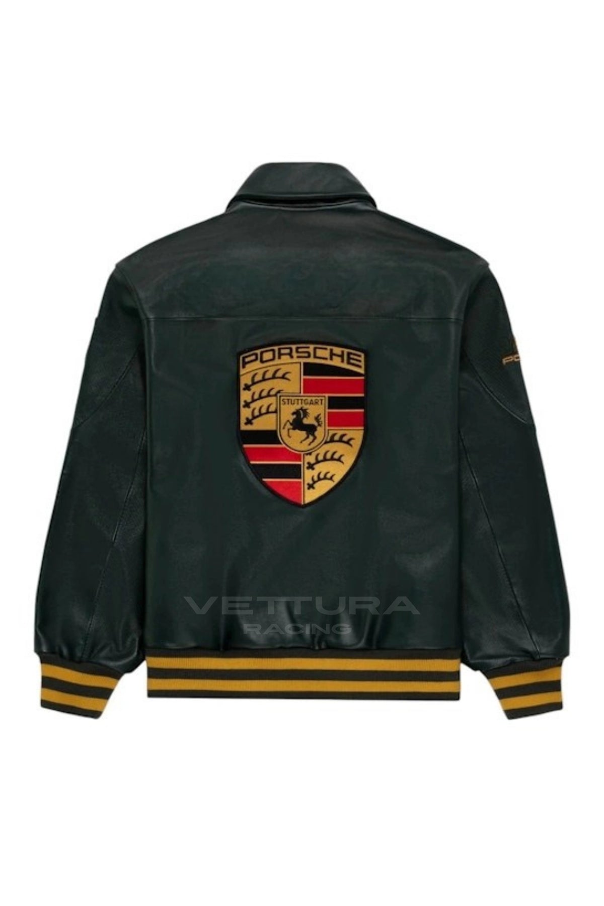 Back of the Porsche green leather jacket with the crest between the shoulders