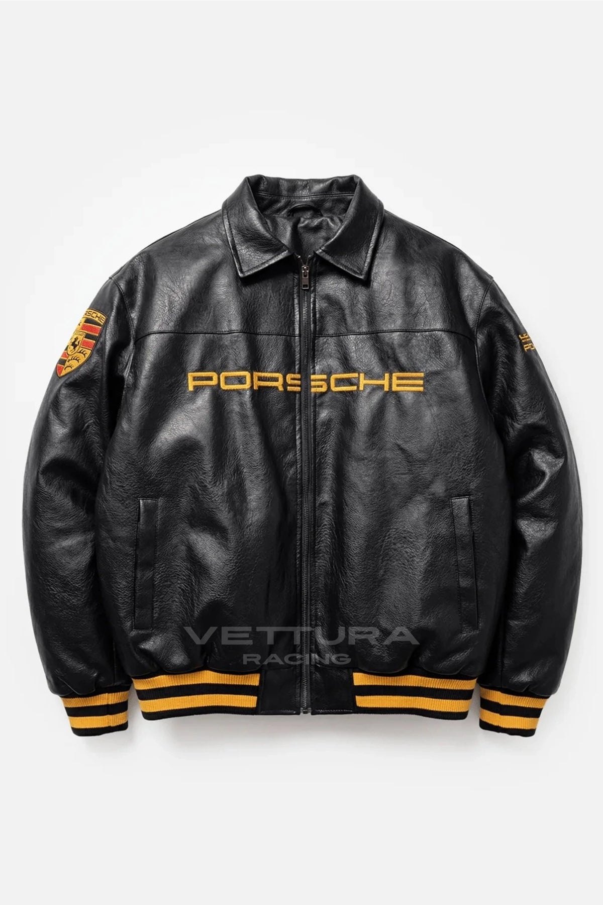 Porsche 993 Turbo black leather jacket, front product shot on a white background