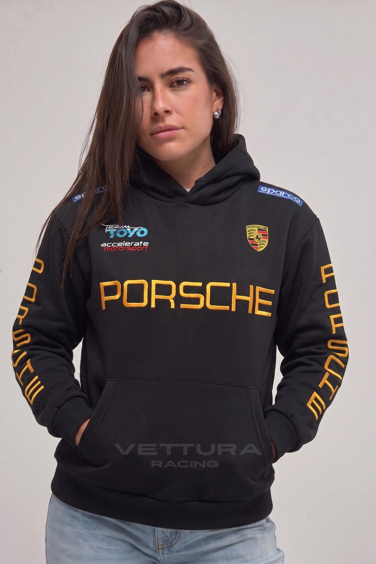 Back of the Porsche hoodie with the embroidered crest and wordmark