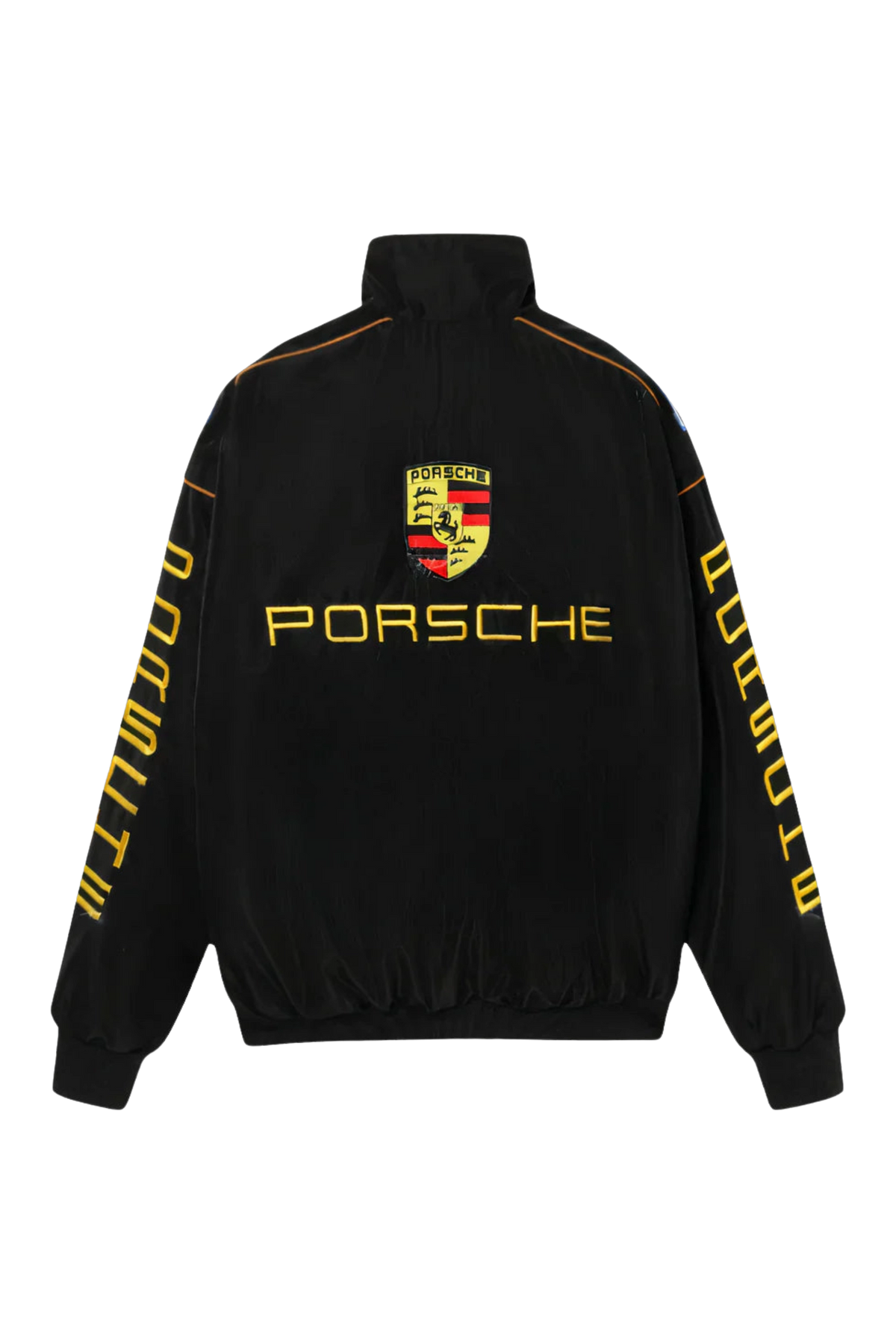 Porsche vintage racing jacket flat back view with gold embroidered lettering