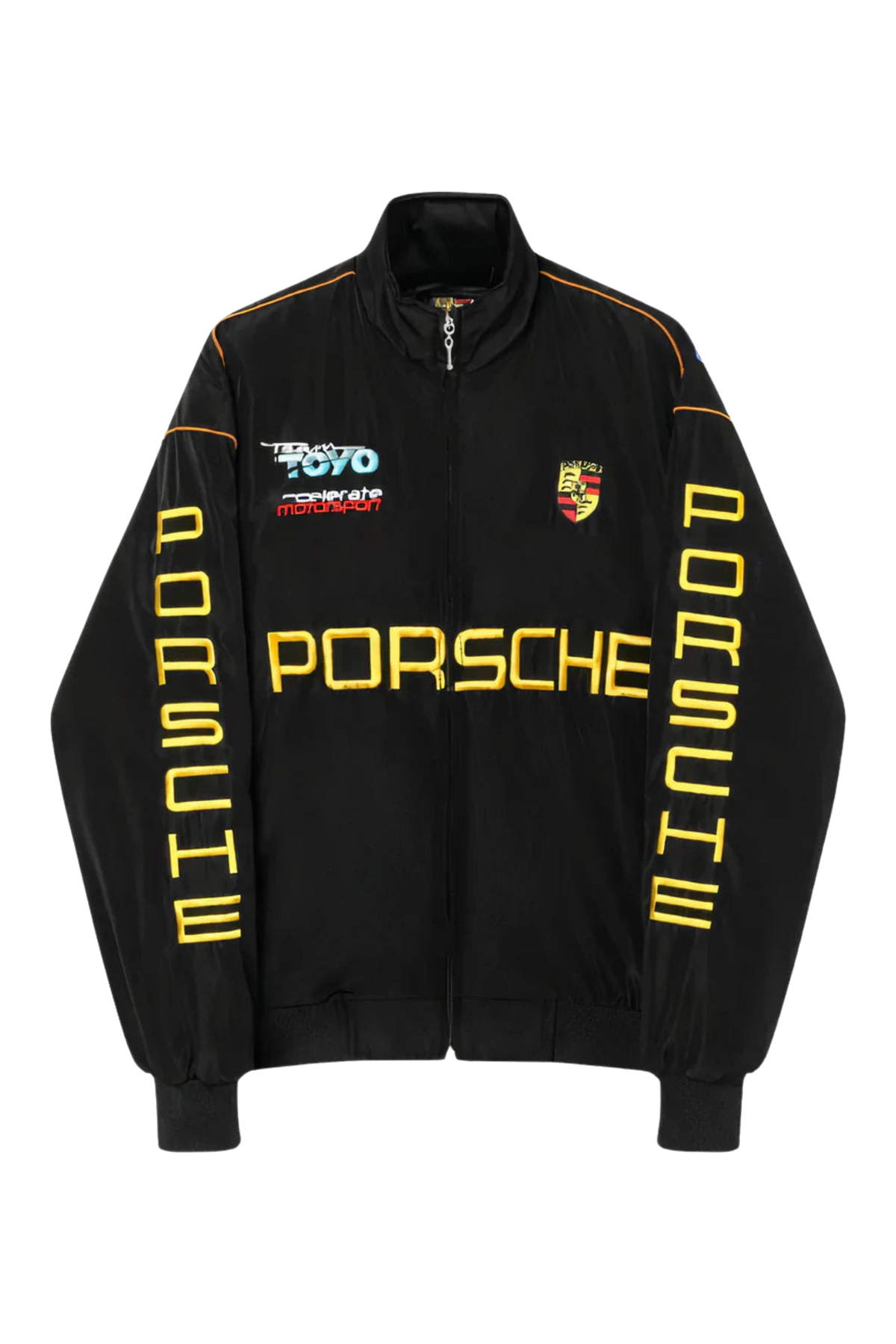 Black Porsche vintage racing jacket flat front view with embroidered crest