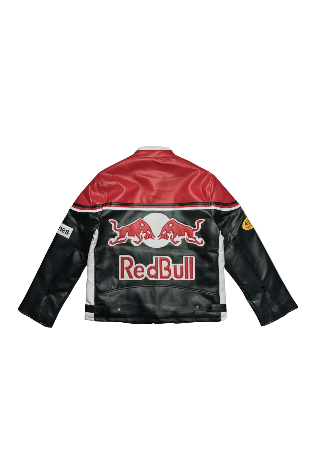 Red Bull racing leather jacket flat back view with large embroidered logo