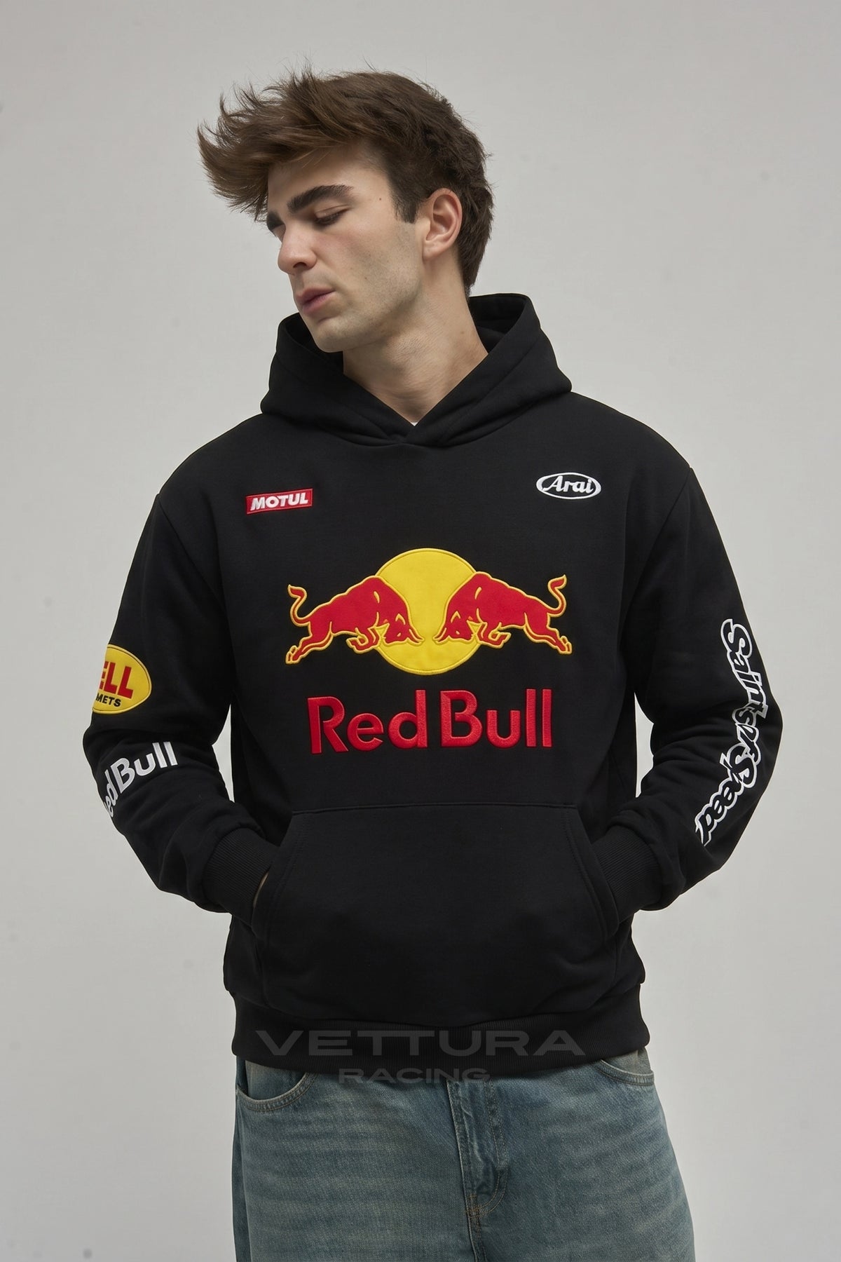 Model wearing the Red Bull Racing embroidered hoodie in black, front view