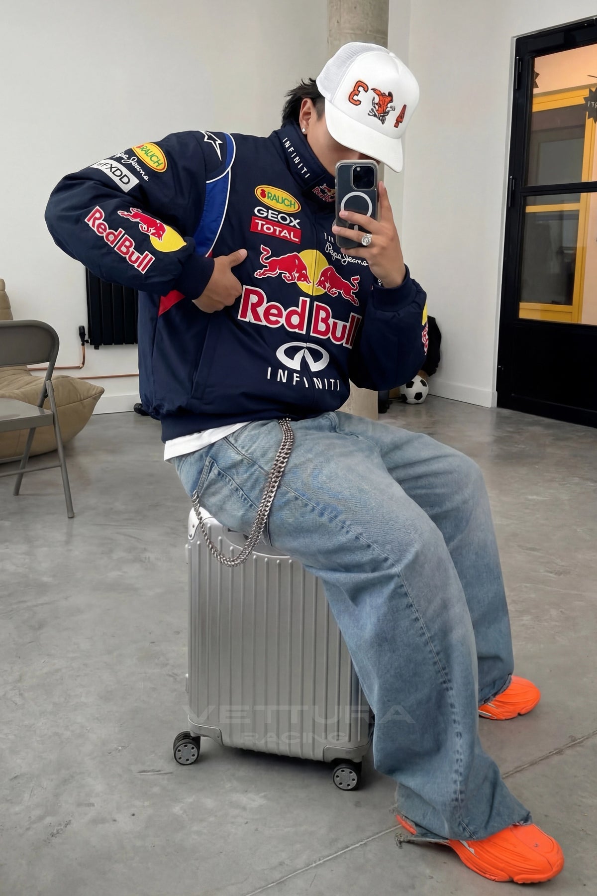 Street style look with the navy Red Bull F1 racing jacket