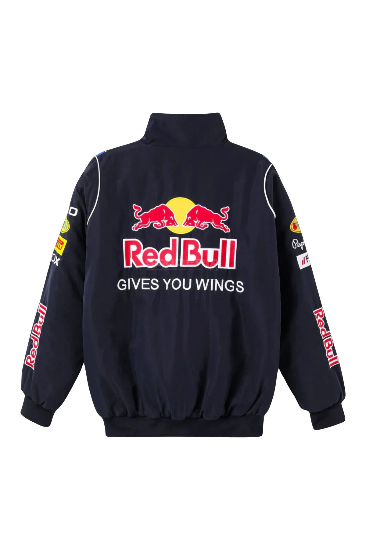 Red Bull F1 racing jacket flat back view with embroidered logo