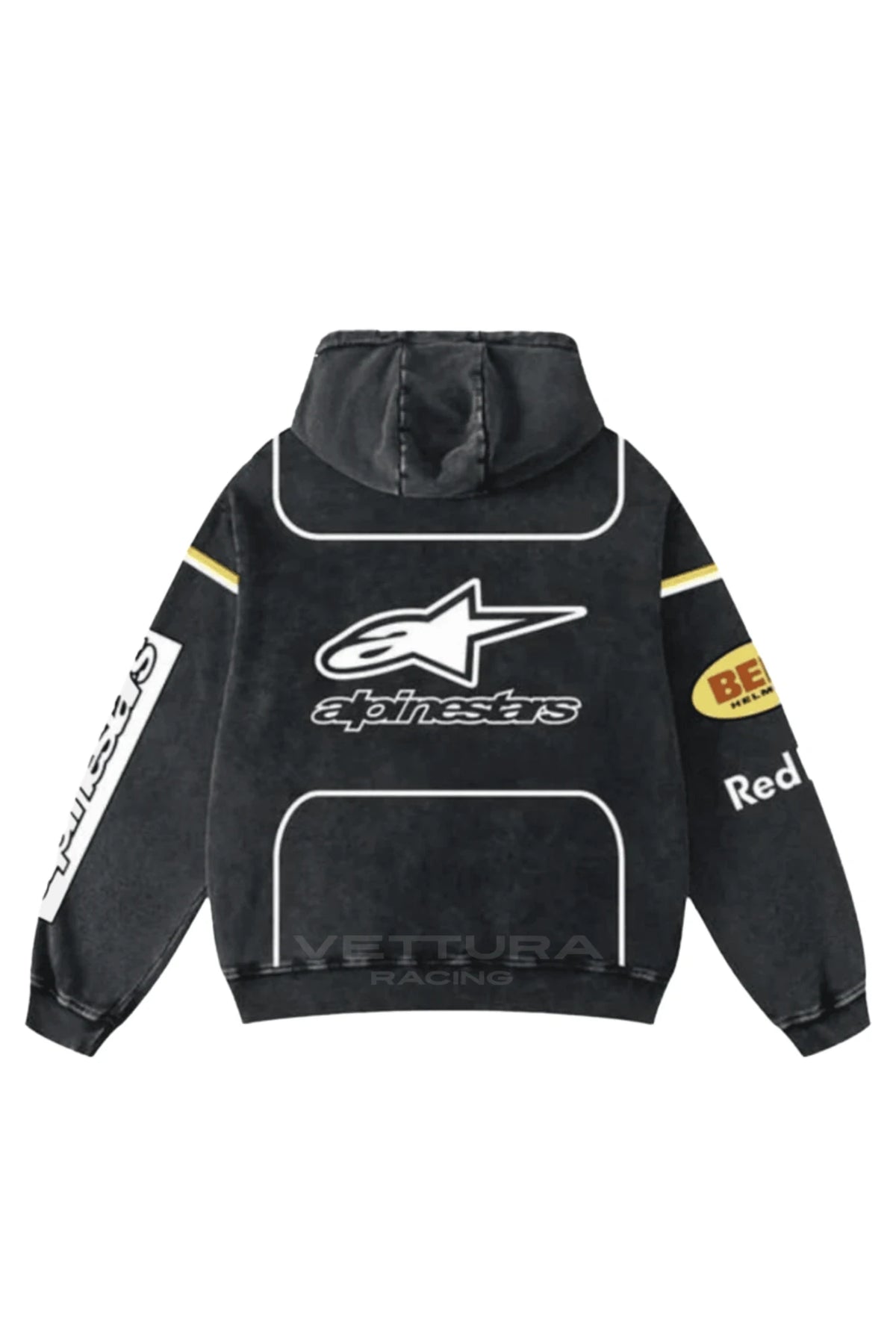 Red Bull Racing carbon wash hoodie flat back view with the large printed Alpinestars star and Bell sleeve patch