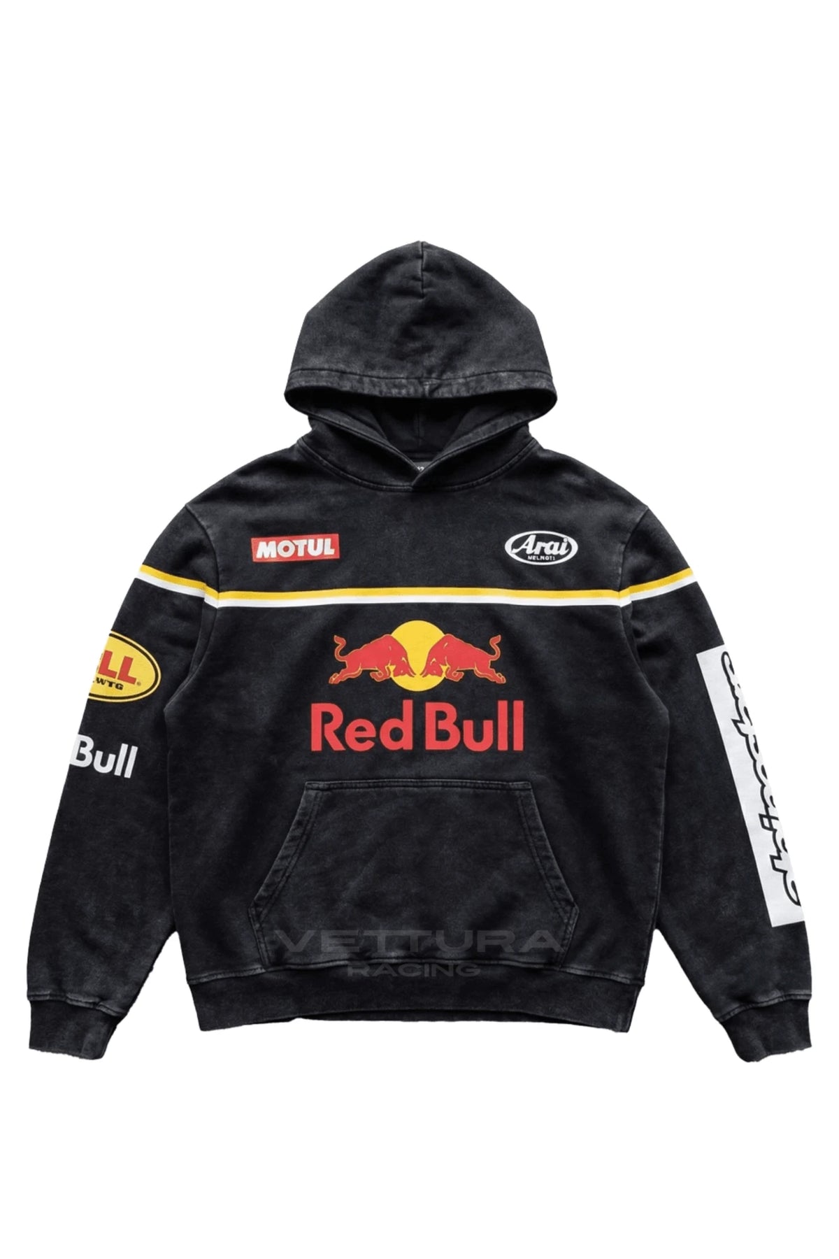 Red Bull Racing carbon wash hoodie flat front view with the printed Motul, Arai and charging bulls graphics