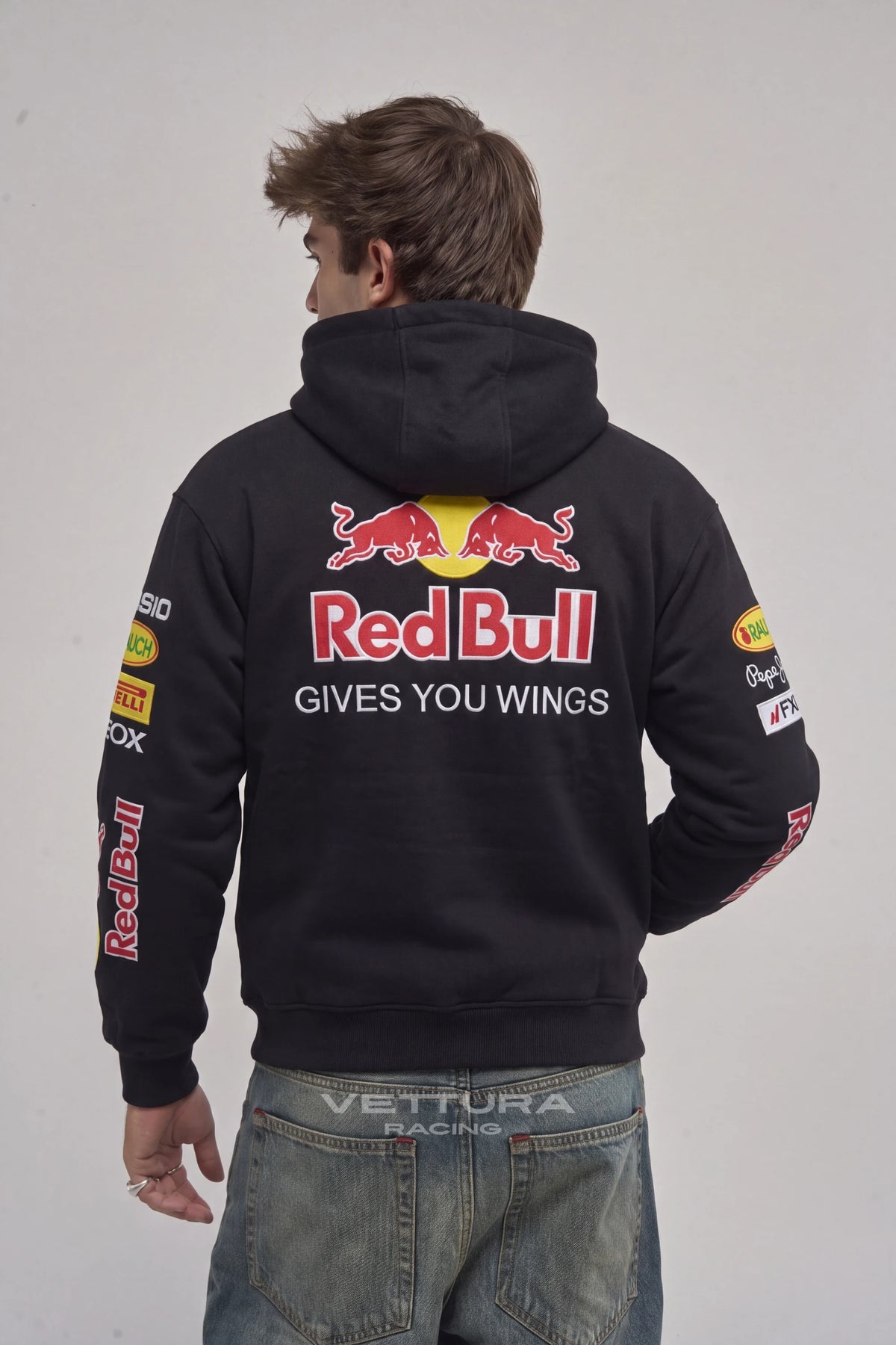 Back of the Red Bull Racing F1 hoodie with the embroidered Gives You Wings lockup