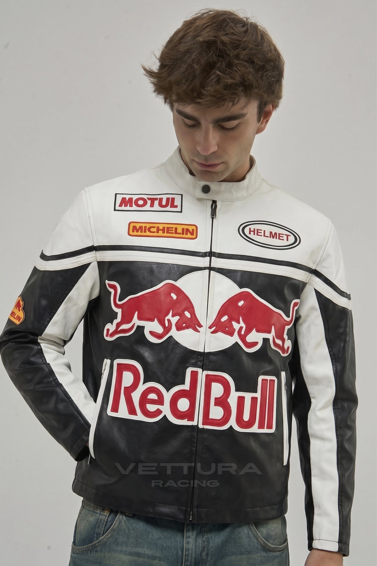Red Bull Racing leather jacket styled with jeans in daylight