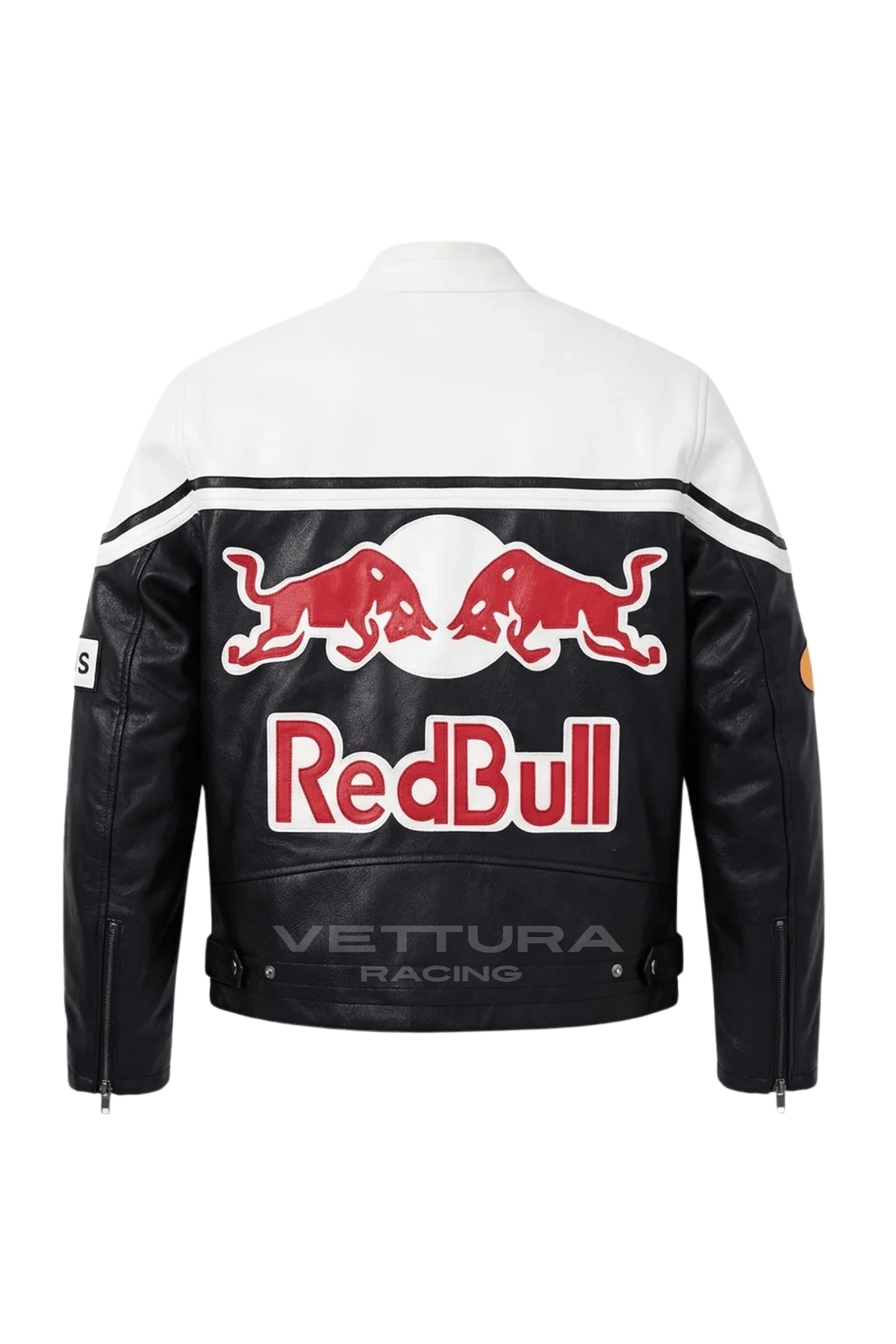 Detail of the vegan leather panels and full zip on the Red Bull jacket