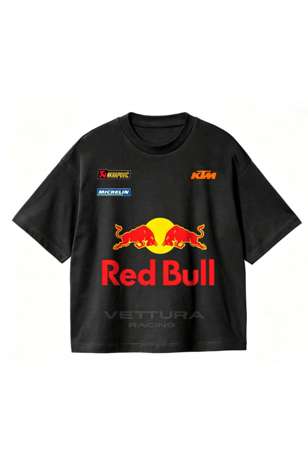 Red Bull racing t-shirt in black, front view with the charging bulls print