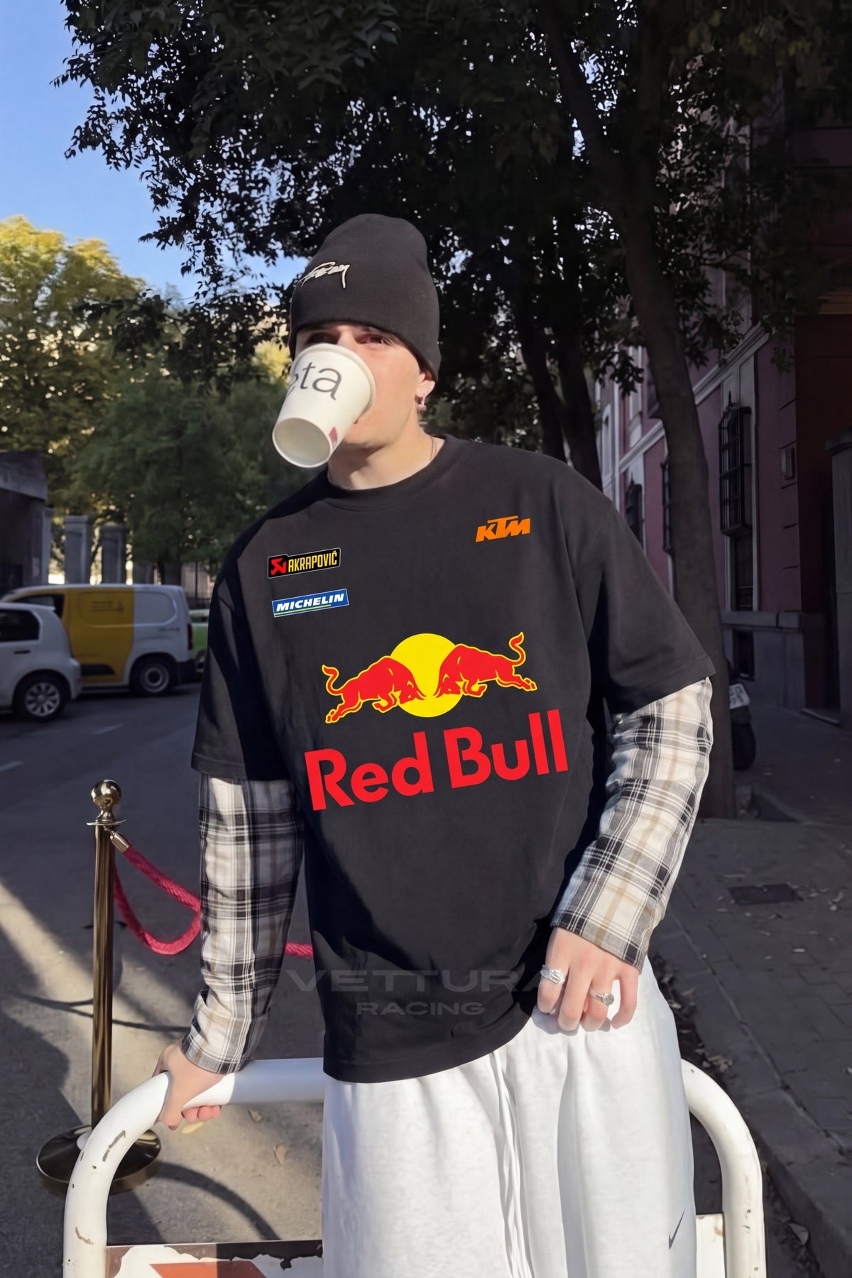 Red Bull racing tee in black worn with jeans, regular fit