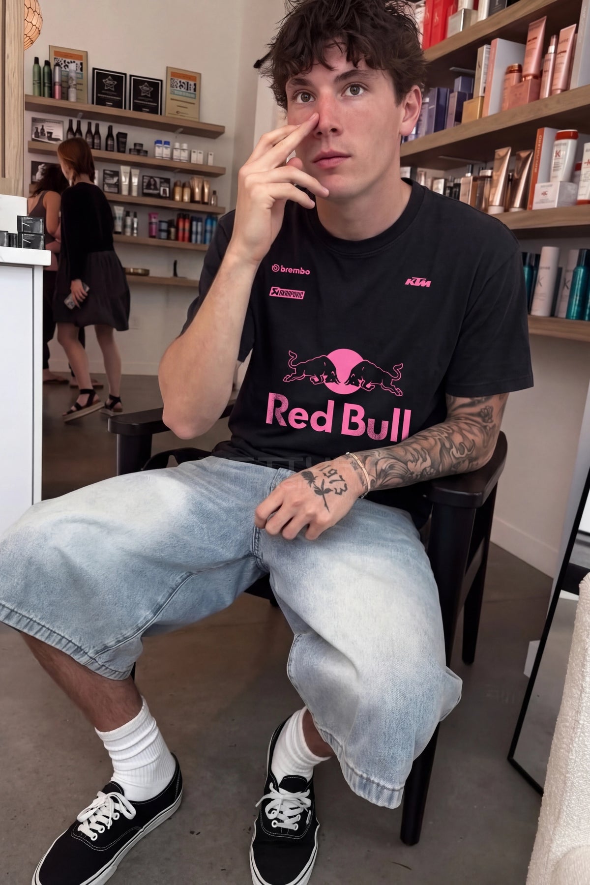 Red Bull pink edition racing tee styled in daylight