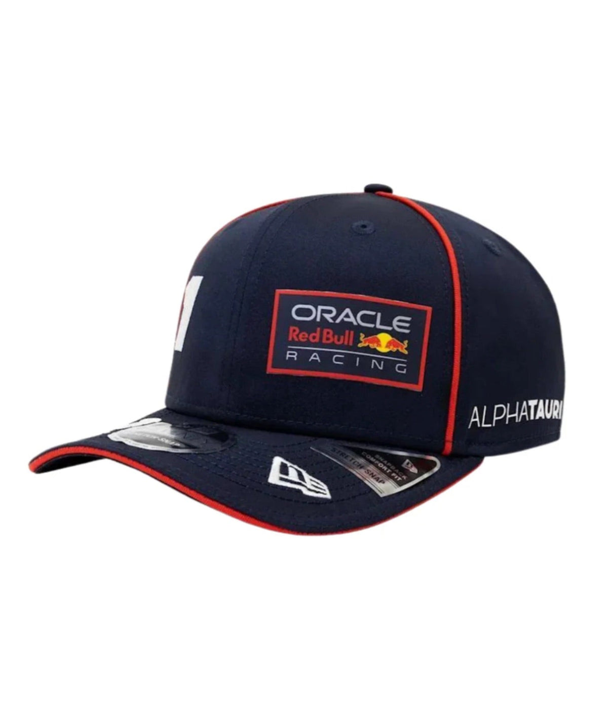 Navy Red Bull Racing 2023 cap at an angle with red piping and pre-curved brim