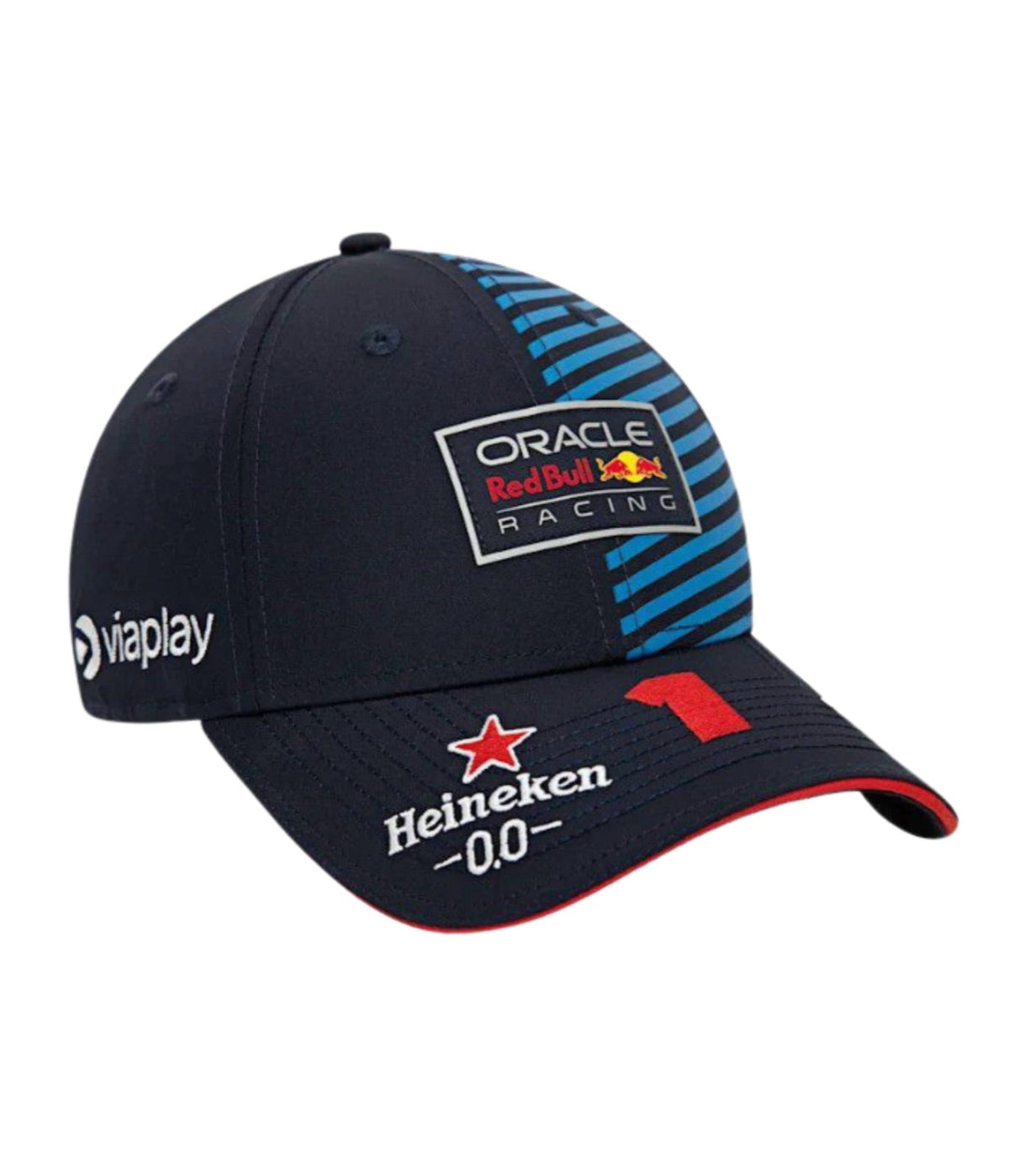 Side of the Red Bull Racing 2024 cap with partner mark and the red No.1 on the brim