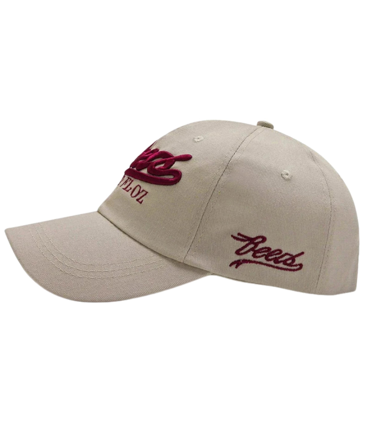 Beige Reese's embroidered cap, side profile with brim detail