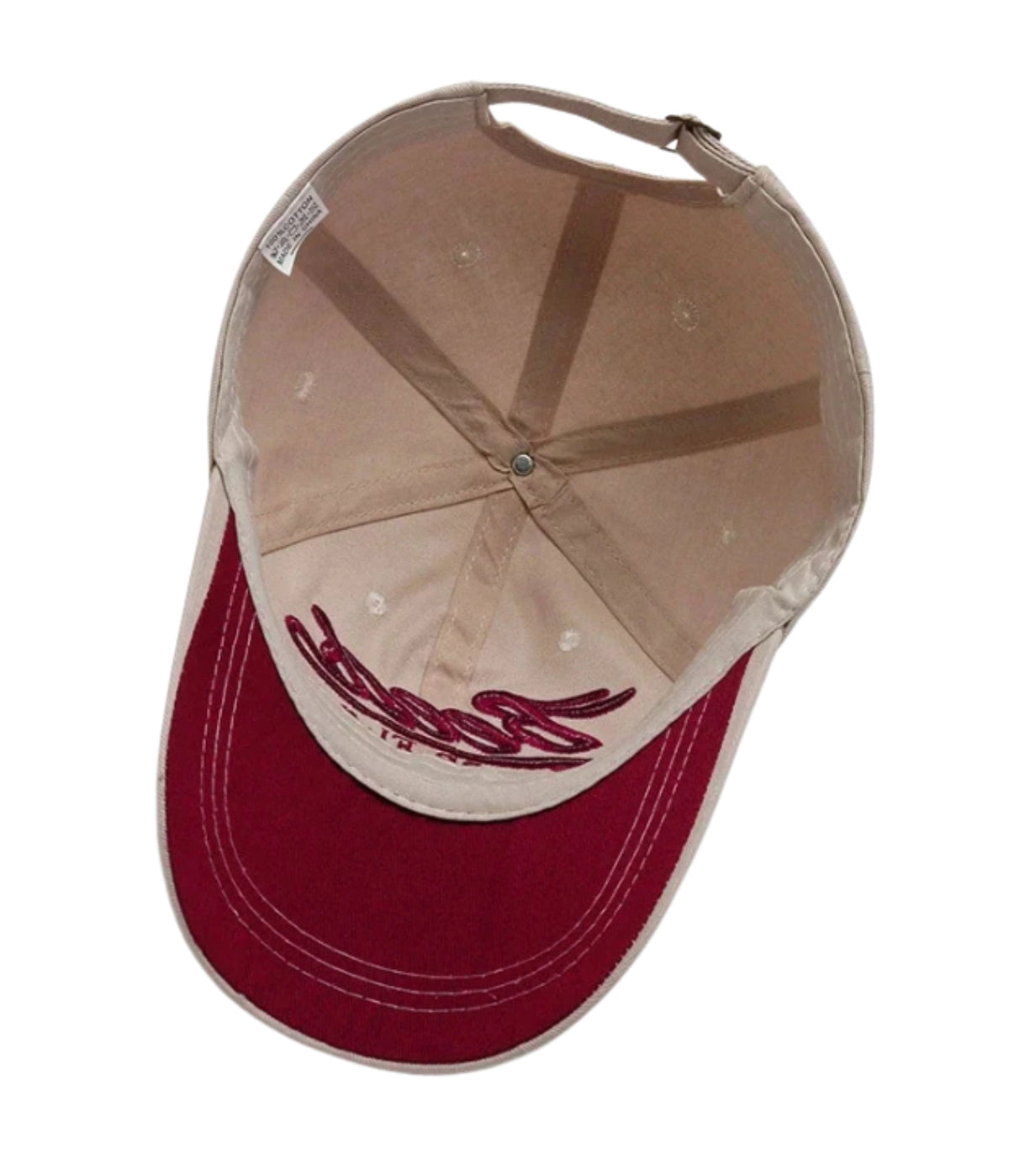 Burgundy Reese's embroidered cap showing the inner crown and brim
