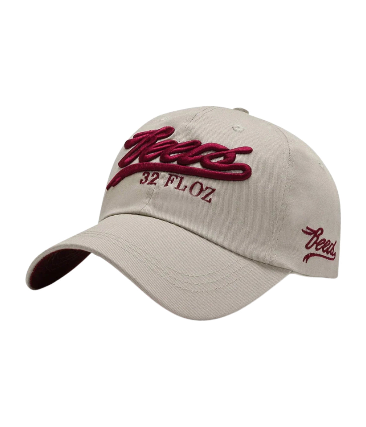 Beige Reese's embroidered cap showing the puff stitch detail