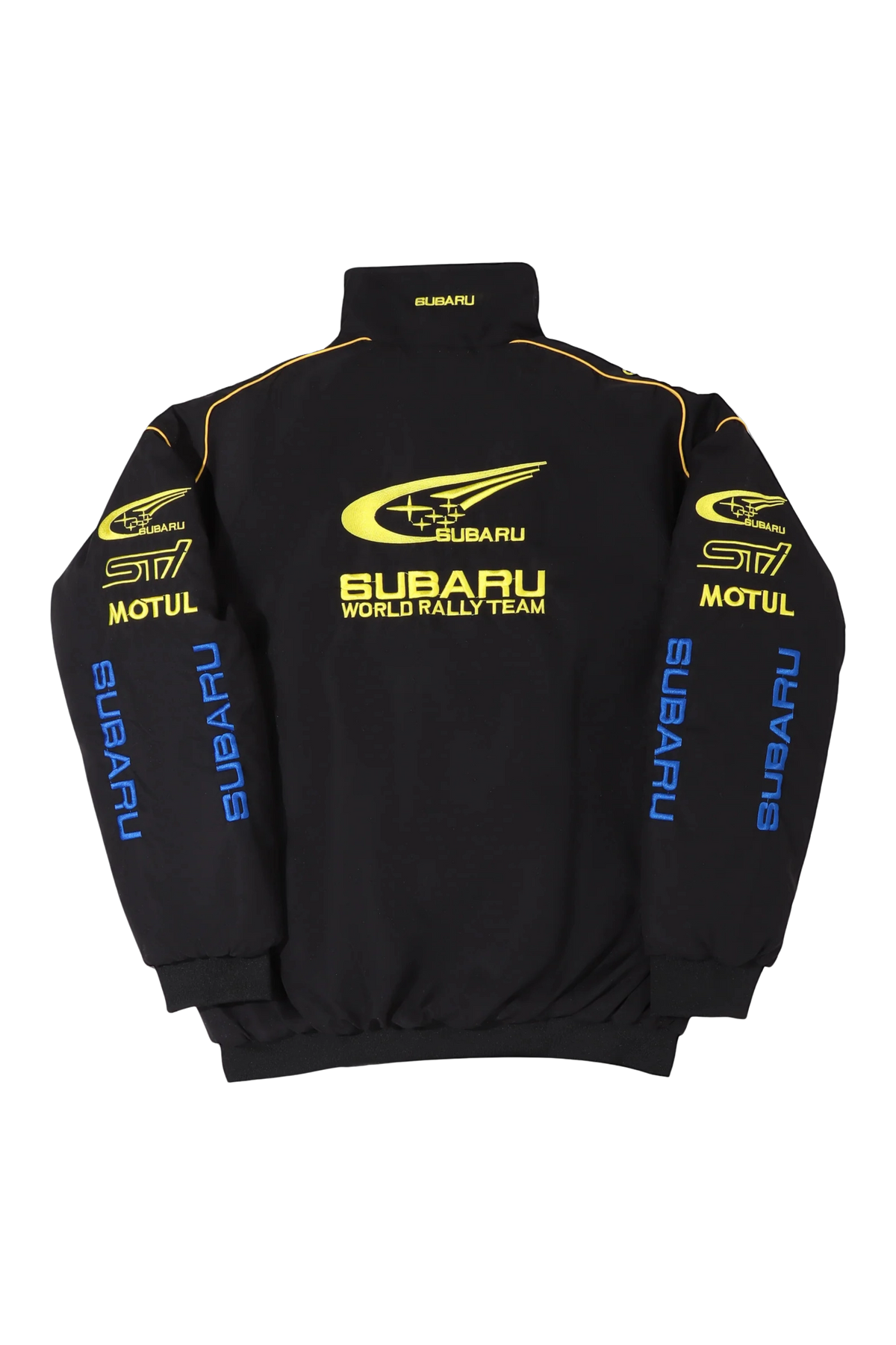 Subaru World Rally Team black jacket flat back view with embroidered logo