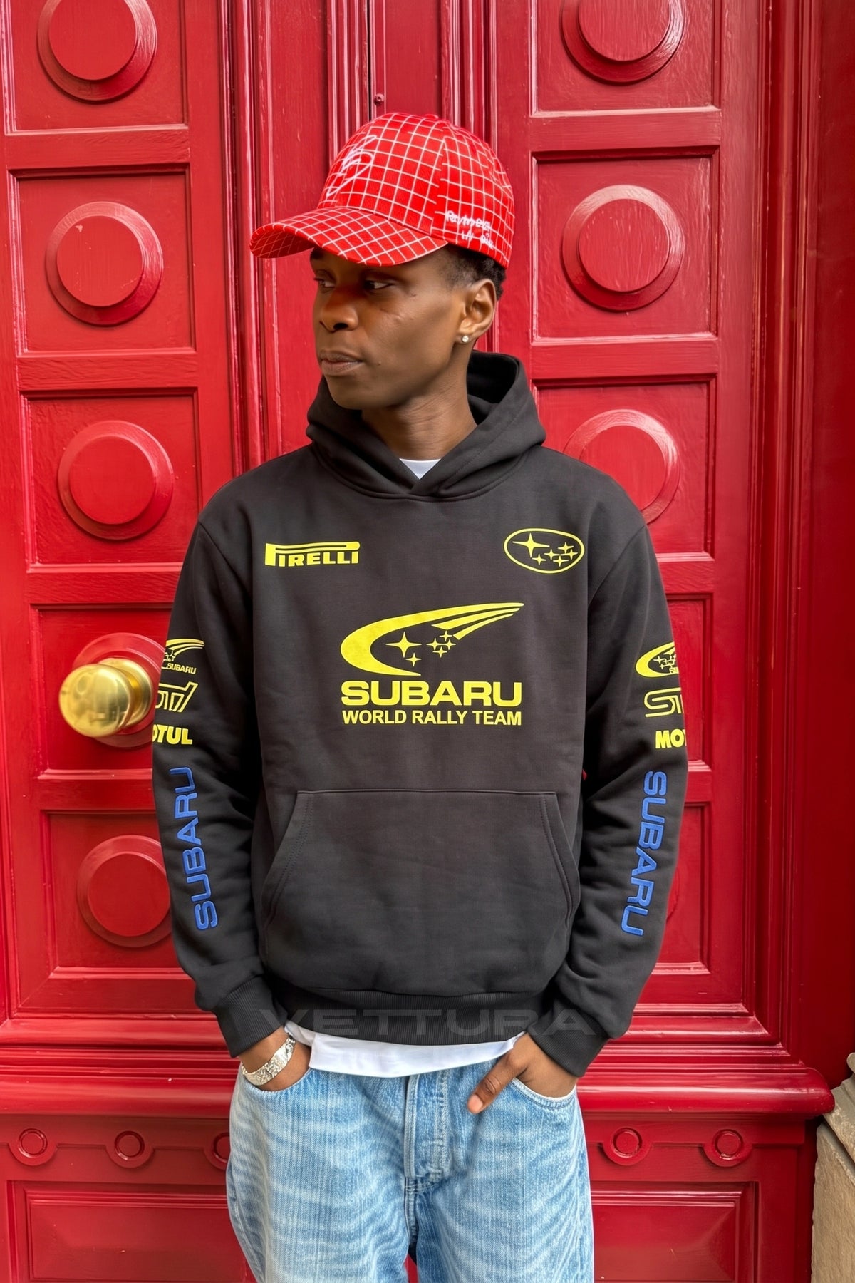 Subaru rally hoodie worn on the street, relaxed fit