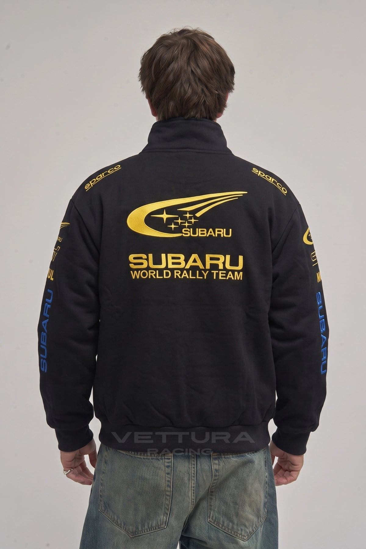 Subaru rally zip sweatshirt worn on the street, relaxed fit