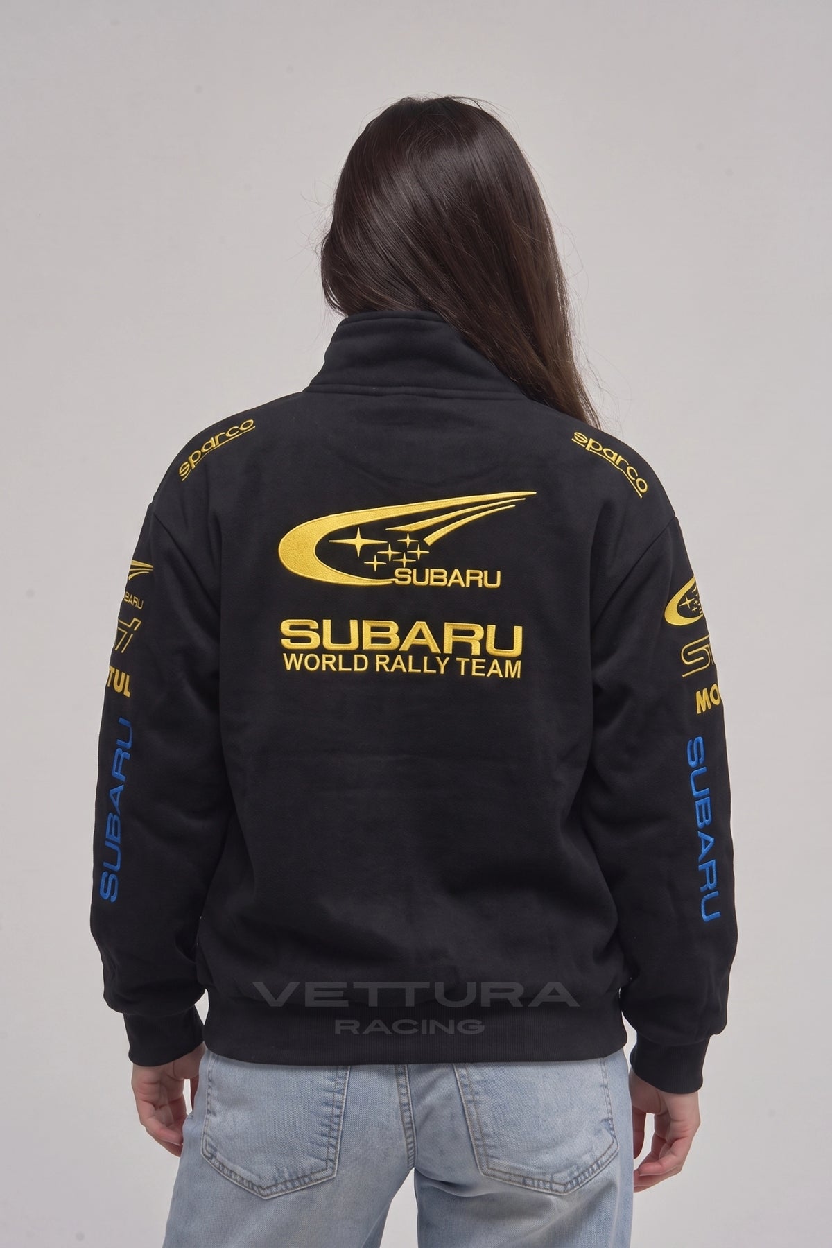 Back of the Subaru World Rally zip sweatshirt with the embroidered crest