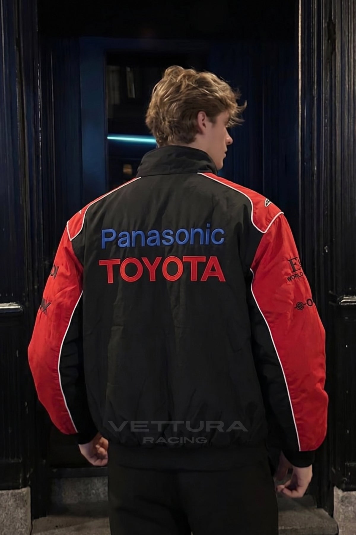 Detail of the padded shell and ribbed cuffs on the Toyota black jacket