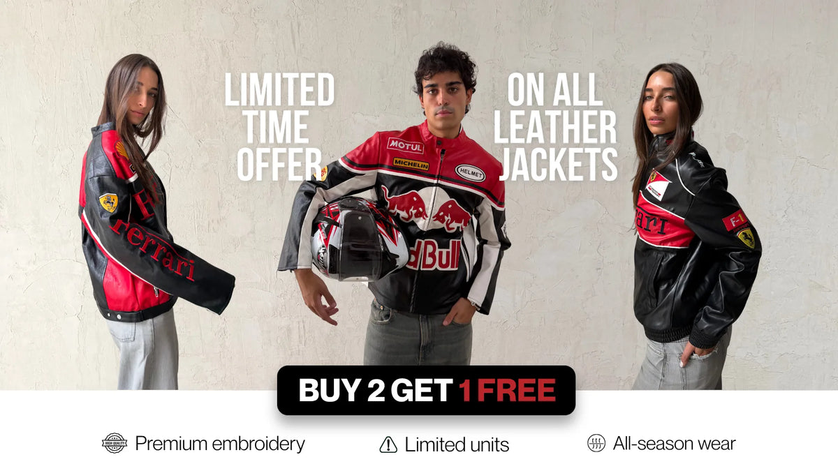 Limited offer on all leather racing jackets: Red Bull, Ferrari and black leather racing jackets