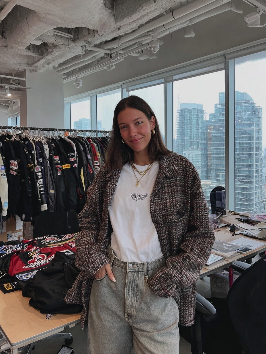 Vettura Racing team member in a plaid jacket standing in the studio beside racks of racing jackets