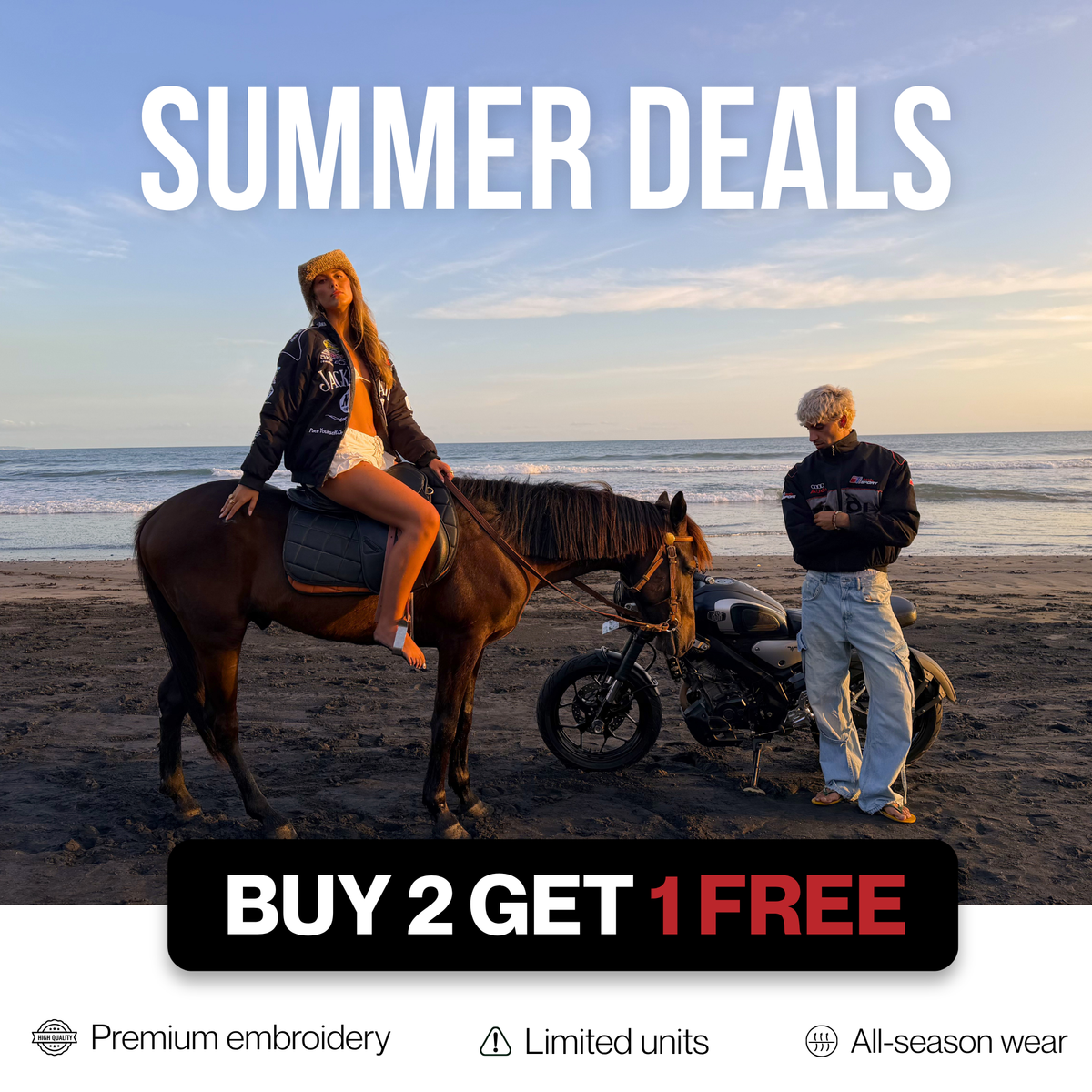 Summer deals: buy 2 get 1 free, vintage racing jackets on the beach
