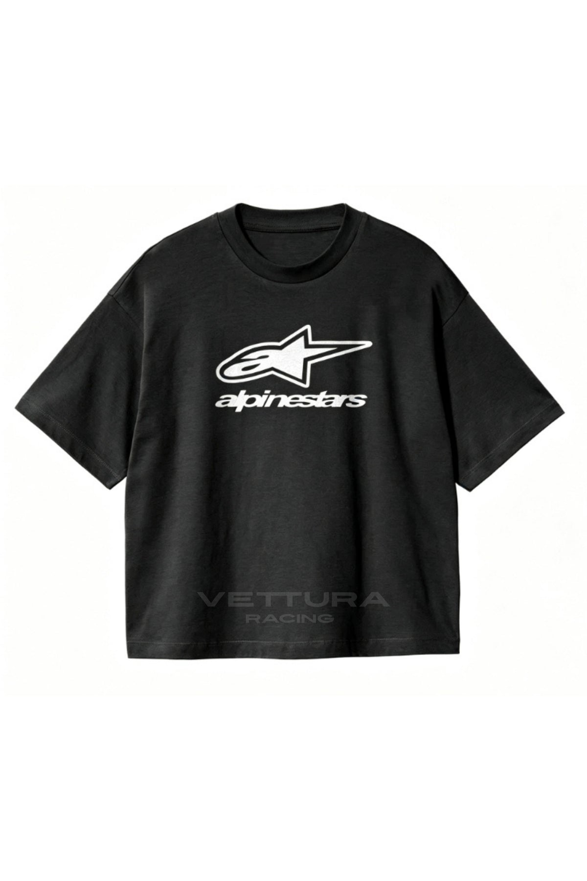 Alpinestars racing t-shirt in black, front view with the white star mark