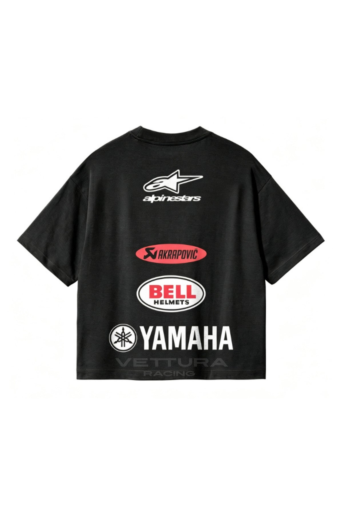 Back of the Alpinestars racing t-shirt with the Akrapovic, Bell and Yamaha panel