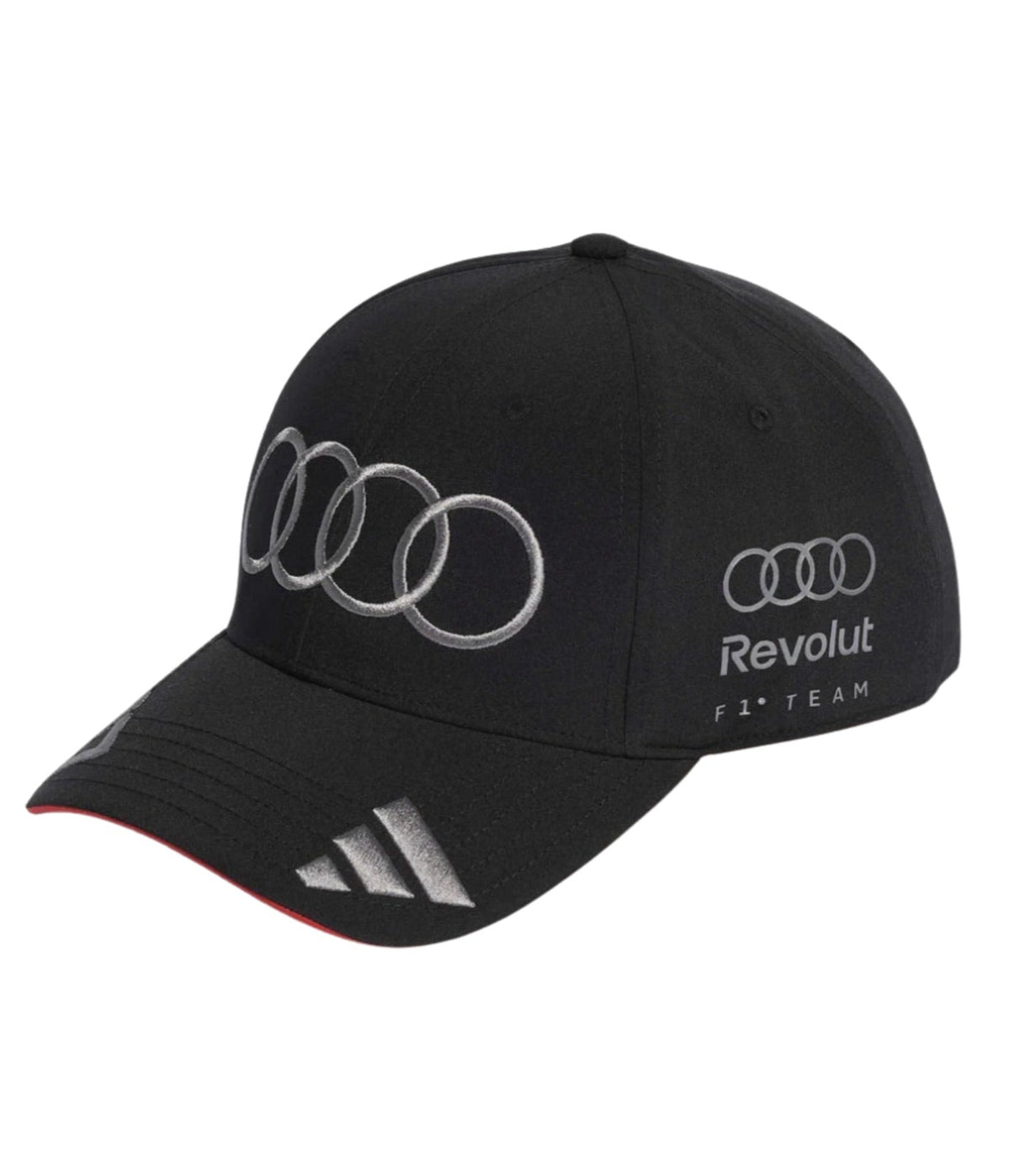 Matte black Audi F1 Team 2026 cap at an angle with silver four rings and Revolut lockup
