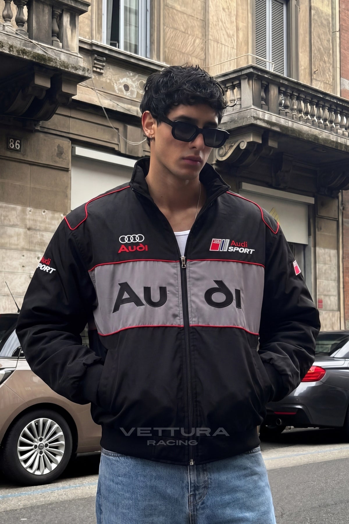 Street style look with the black Audi vintage racing jacket