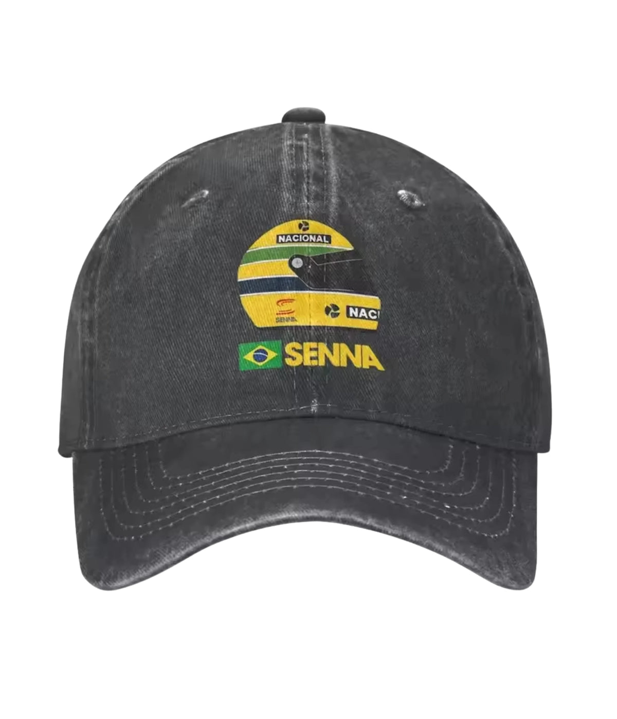 Black Ayrton Senna F1 embroidered dad cap, front view