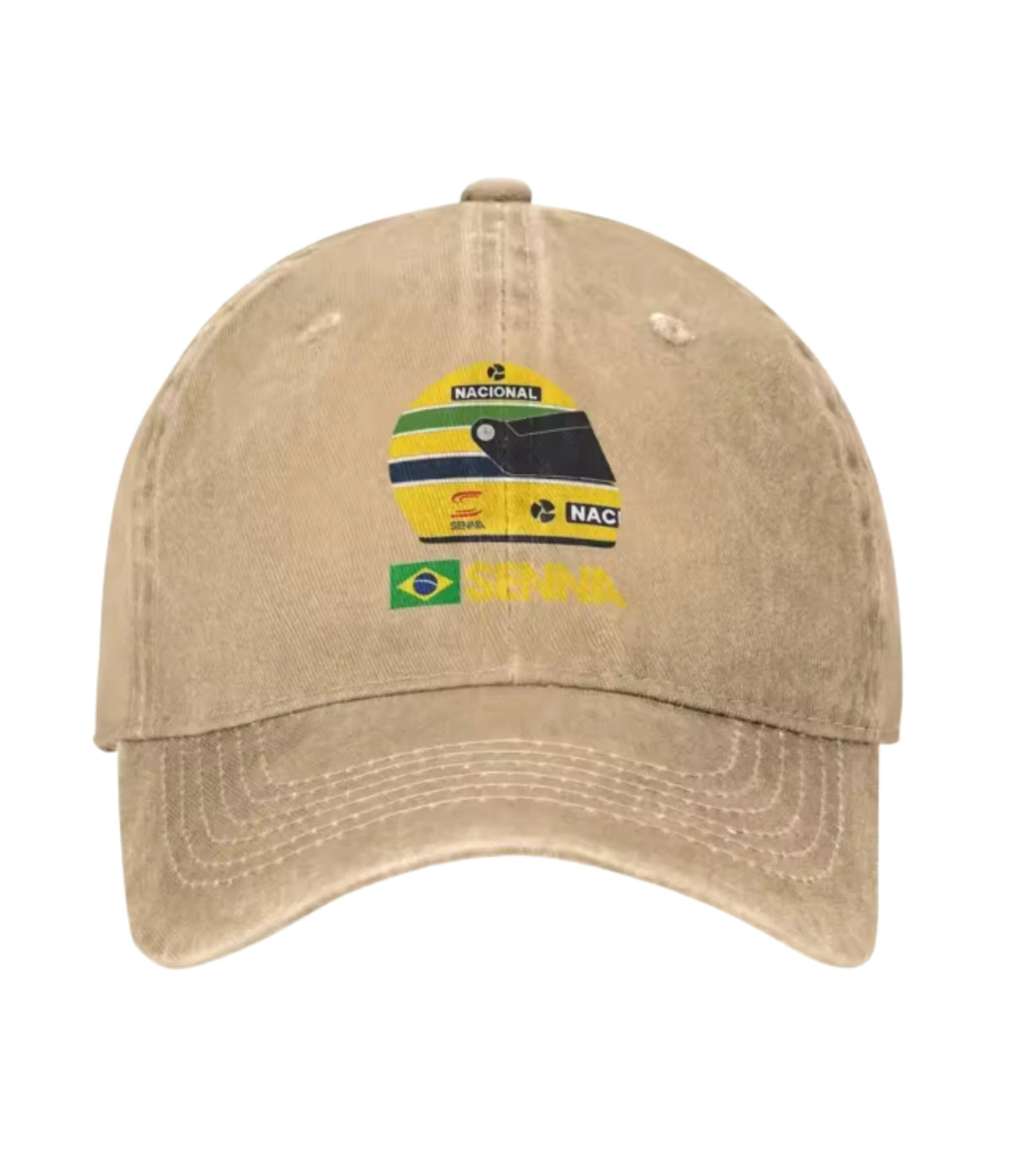 Beige Ayrton Senna F1 embroidered dad cap, front view