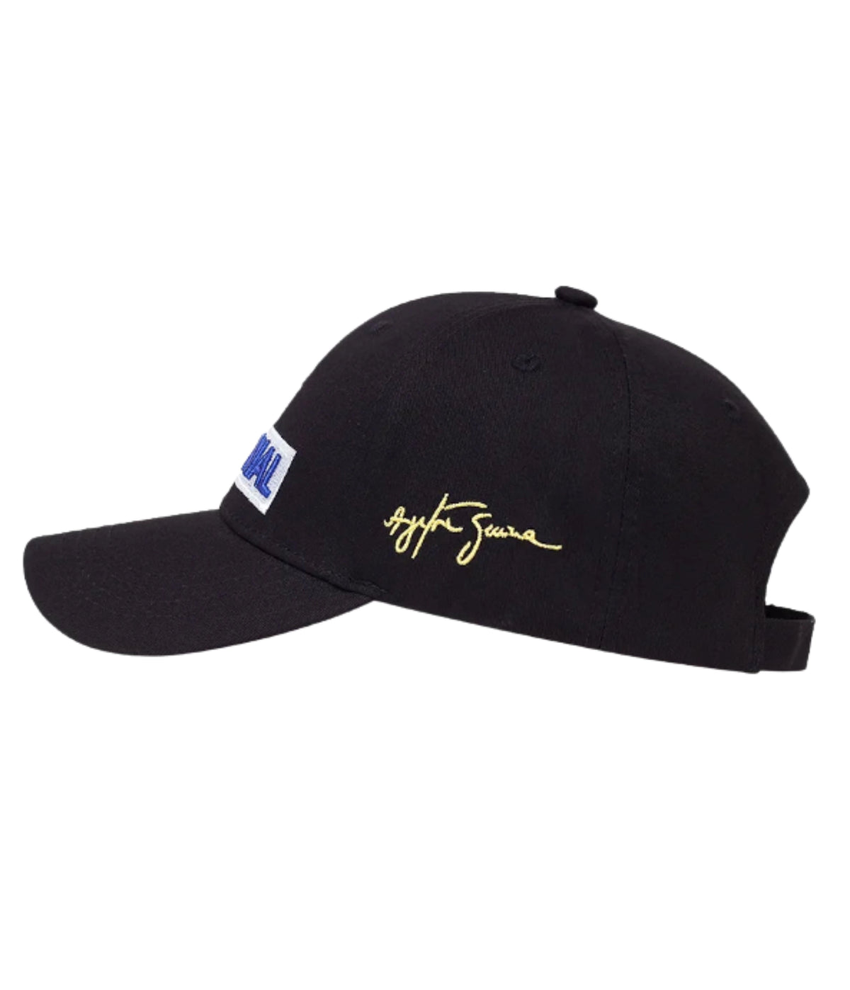 Navy Senna cap showing the embroidered signature on the side panel