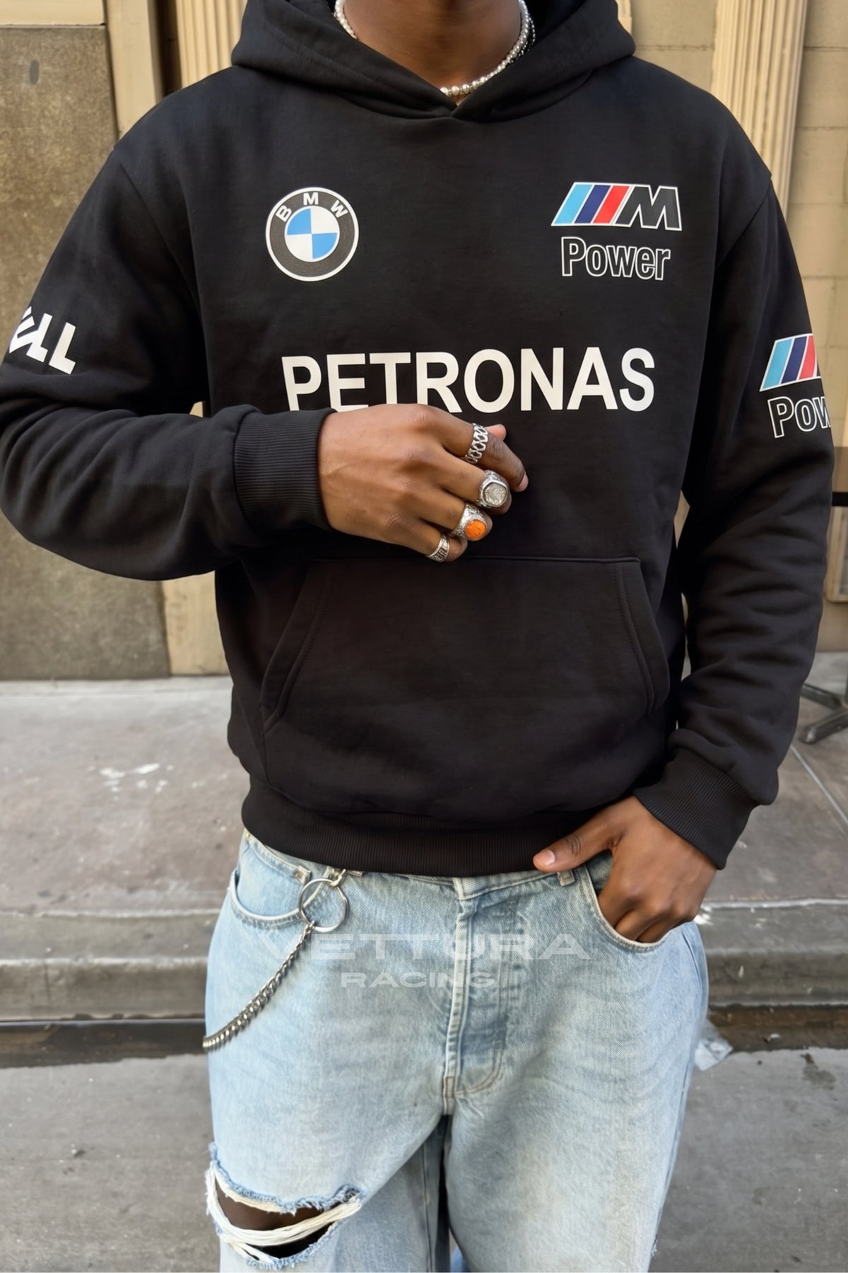 Detail of the brushed fleece and ribbed cuffs on the BMW F1 hoodie