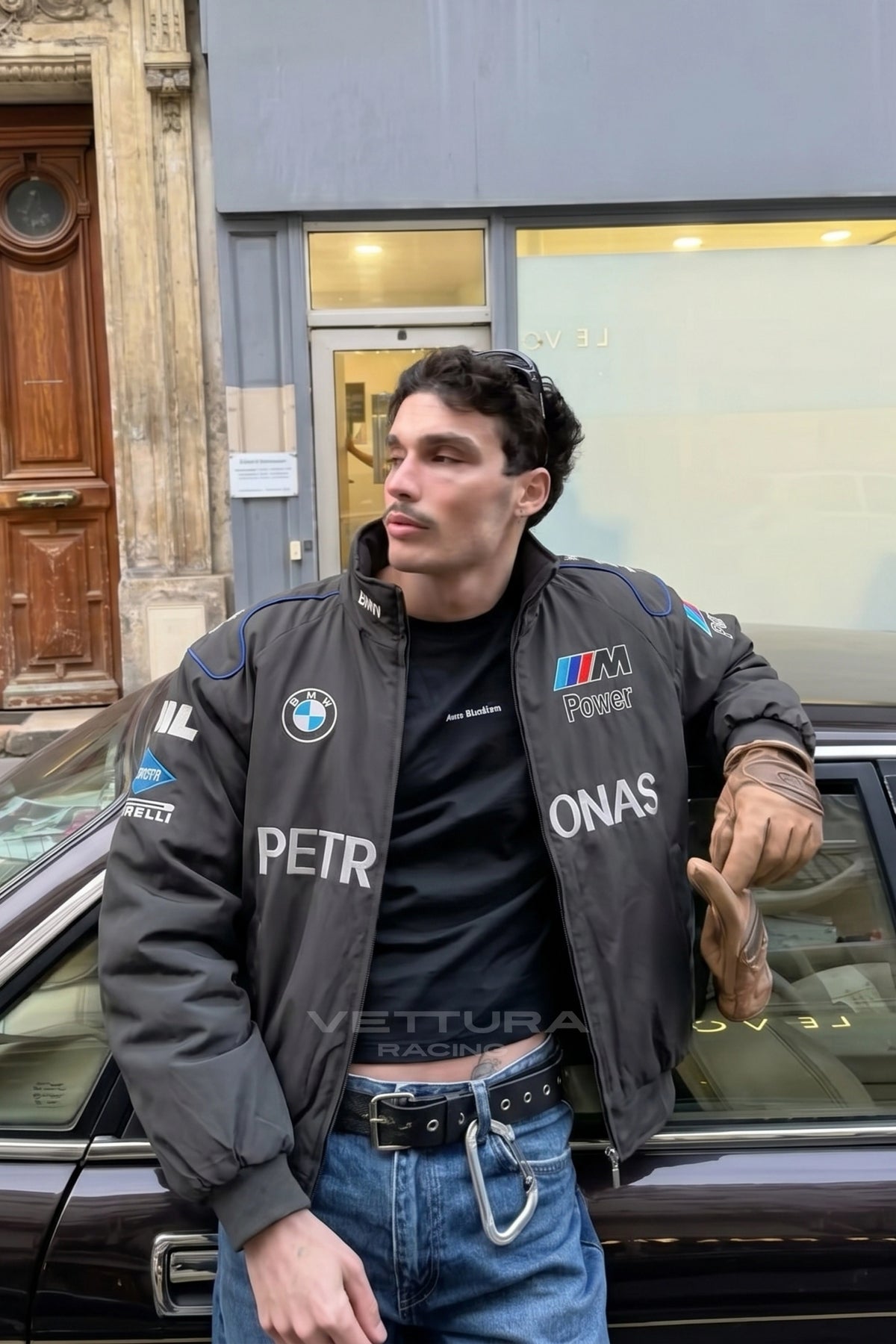BMW F1 vintage racing jacket photographed outdoors