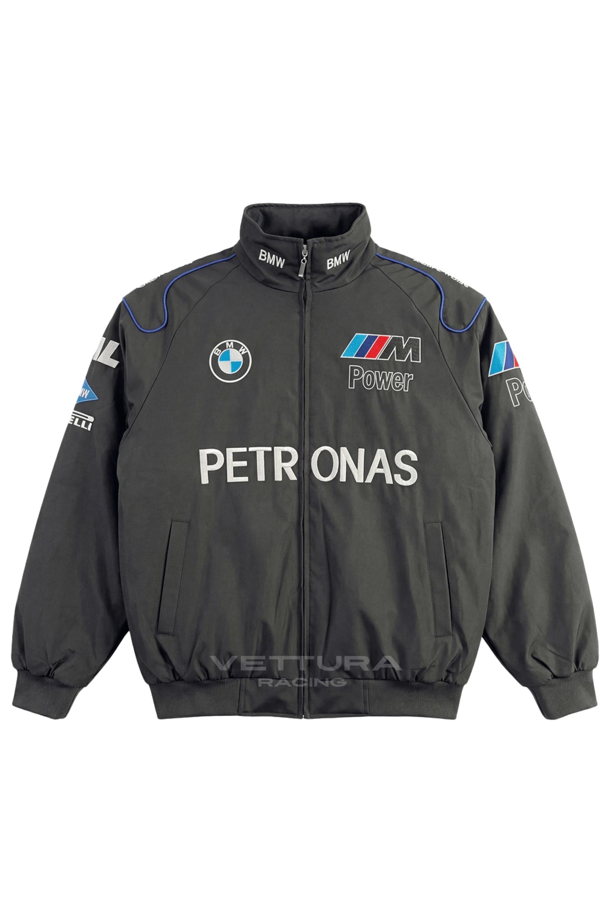 BMW F1 vintage racing jacket black edition, front product shot on a white background